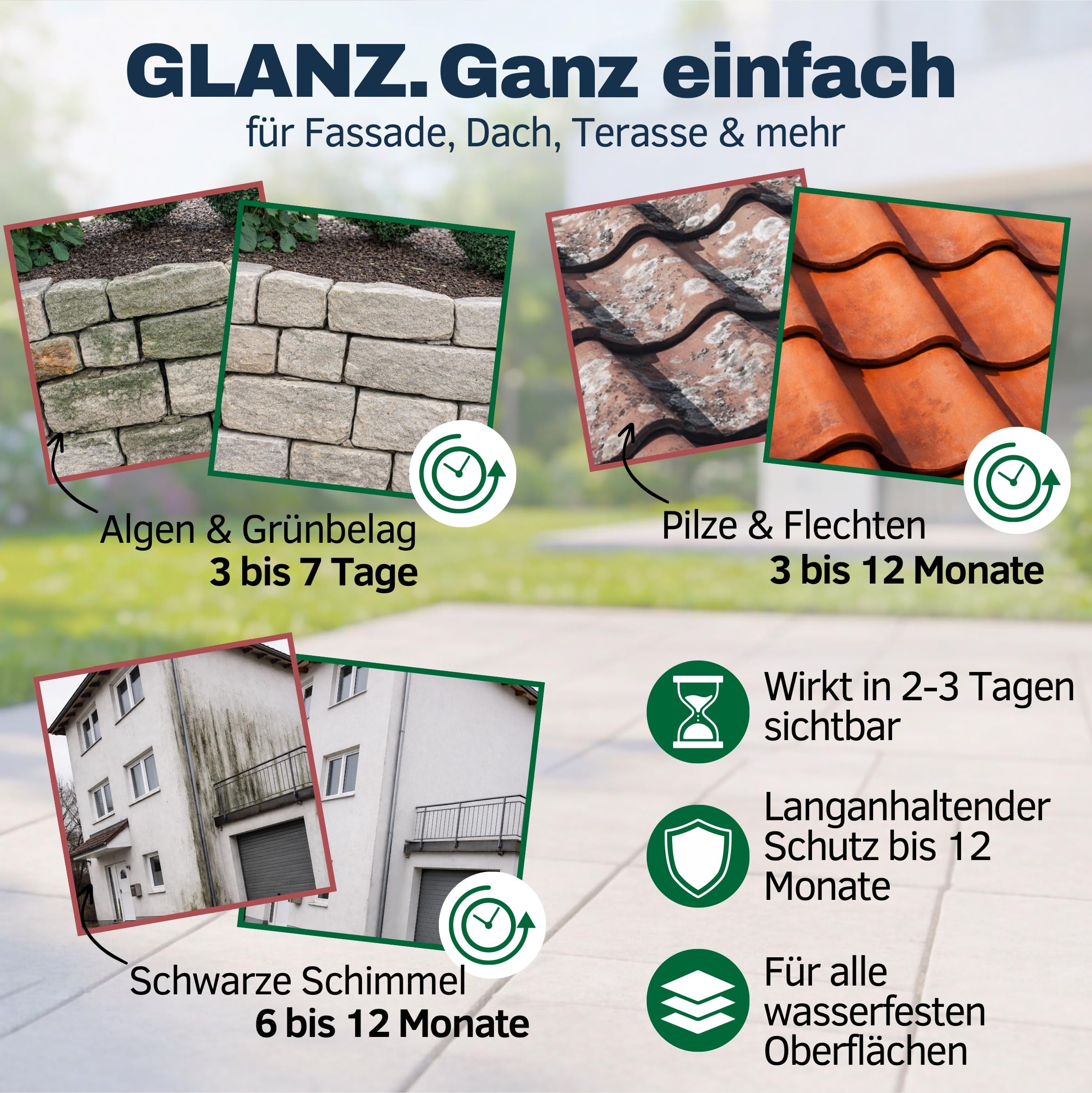 GreenX Pro Grünbelagentferner Konzentrat 2er Pack (2 × 1 L), selbsttätig gegen Grünbelag, Algen & Pilze ohne Schrubben – für Terrasse, Fassade, Dachziegel und Stein – chlor & säurefrei