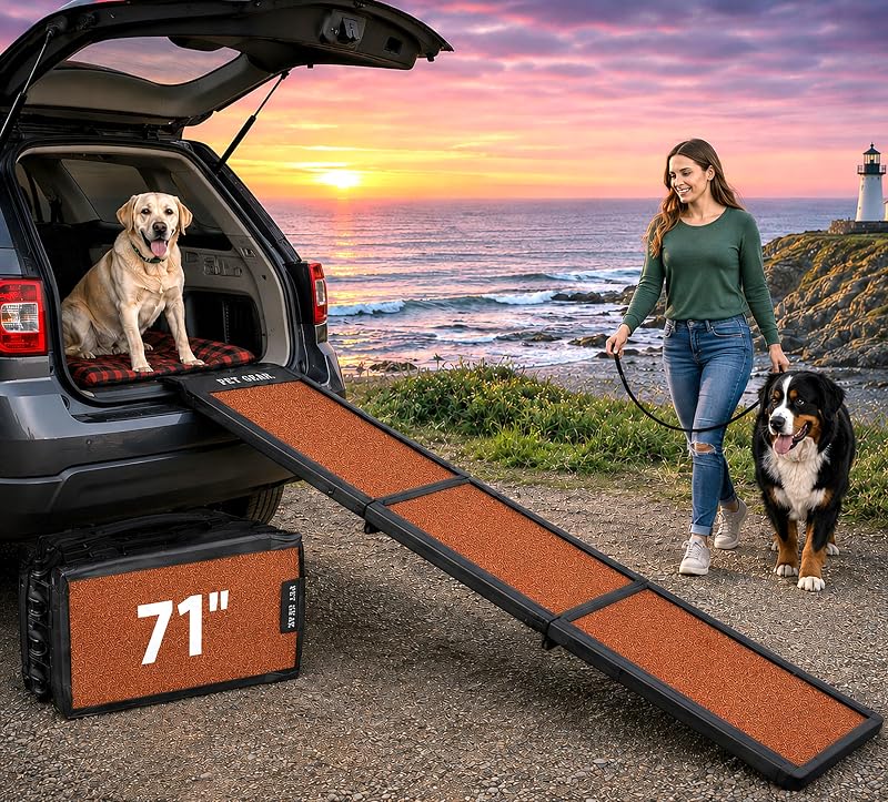 Travel Lite Ramps for Dogs and Cats, Terracotta | Compact Easy-Fold, Lightweight and Portable, Built-In Carry Handle, Supports 200 lbs, Size 71" x 16"