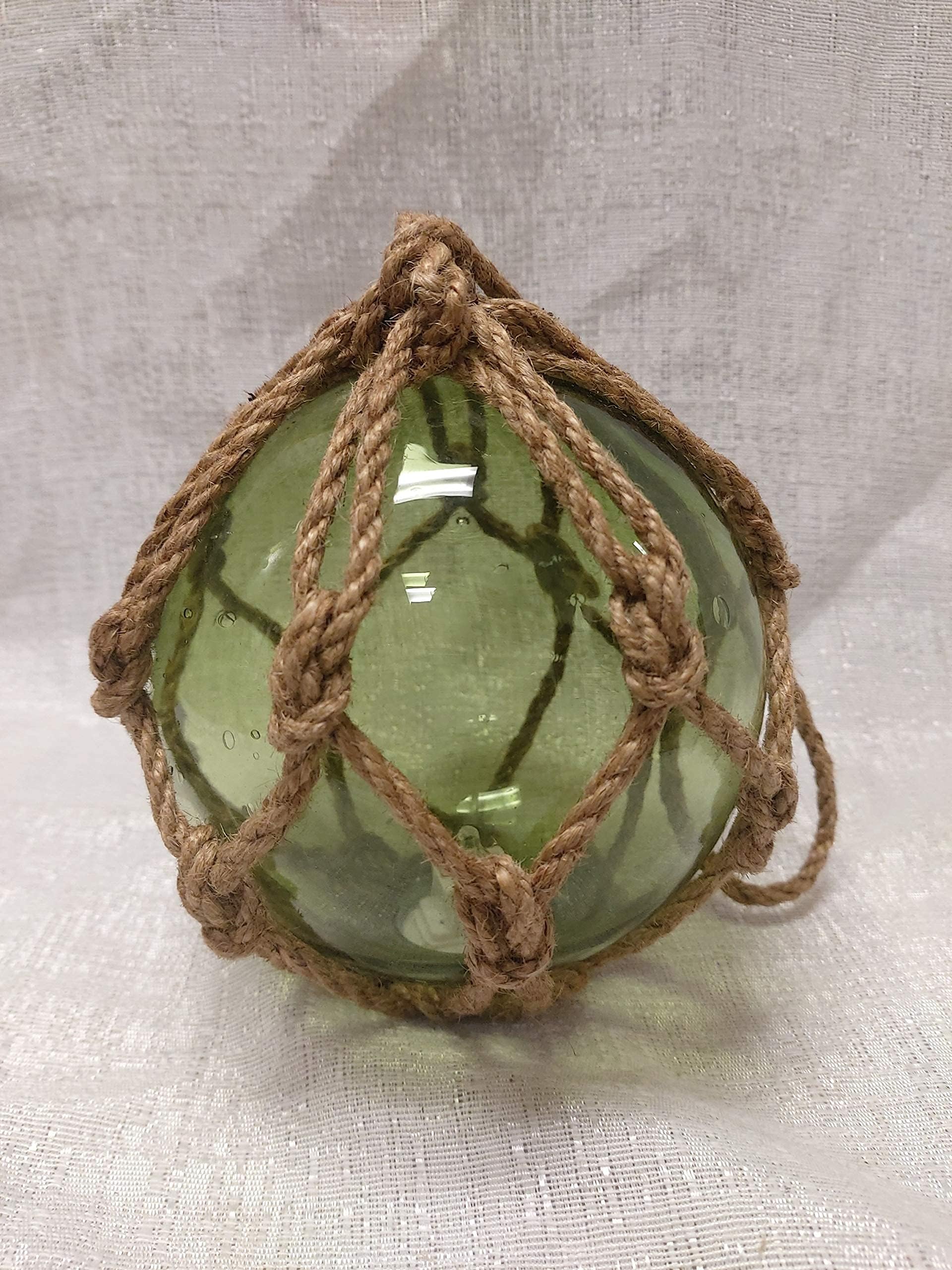 Green Japanese Fishing Glass Buoy - Aqua Glass Float Ball with LED Light - Bright Nautical Decor with Roped Net Floats - Perfect Hanging Gift - 5 inches