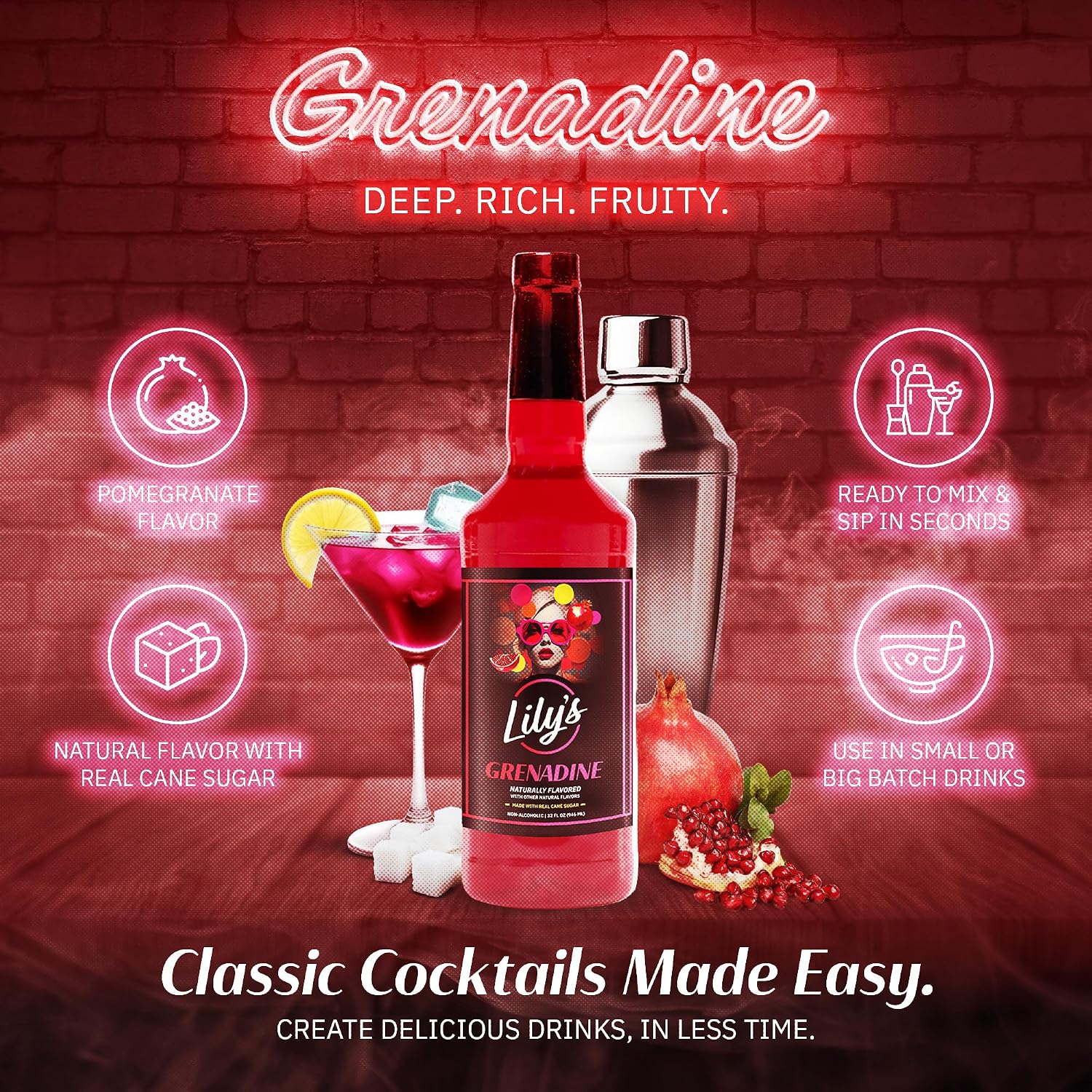 Lily's Mixers Grenadine Syrup for Cocktails – Our Large 32 oz Bottle Makes up to 64 Drinks & is Shelf Stable for up to 1 Year - Makes Shirley Temples, Tequila Sunrises & Mocktails (Grenadine, 2 Pack)