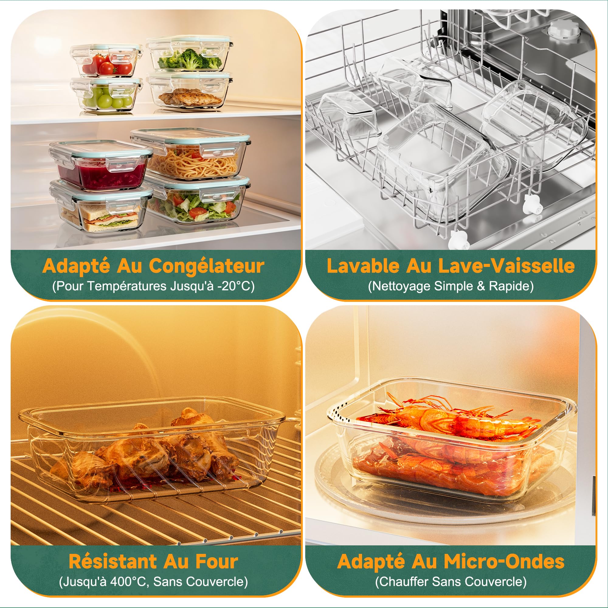 Lot de 8 Boîtes Alimentaires en Verre avec Couvercle | Récipients Hermétiques en Verre Borosilicate | Étanches & Empilables | Pour Congélateur, Micro-ondes | 1040ml, 640ml, 370ml, 180ml