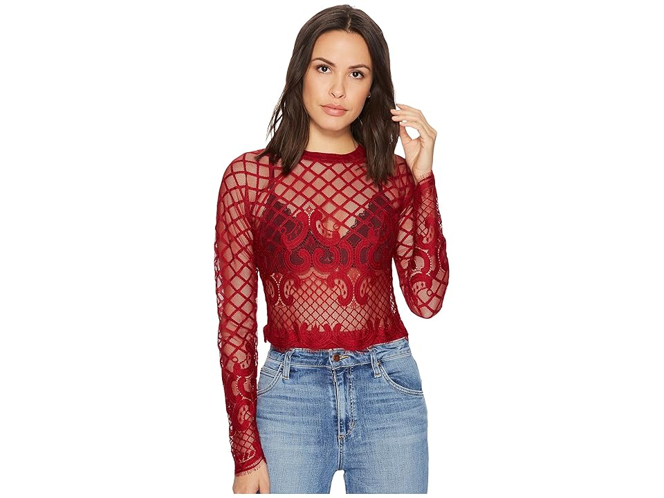 

ROMEO & JULIET COUTURE Long Sleeve Mesh Bodysuit (Burgundy) Women's Jumpsuit & Rompers One Piece