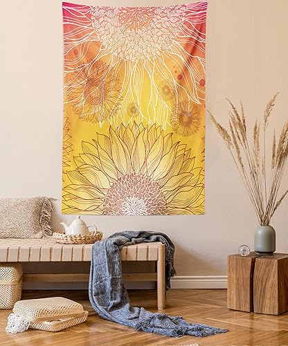 Ambesonne Tapiz botánico, girasoles en colores cálidos, diseño agrícola de garabatos, plantas florecientes, colgante de pared para dormitorio, sala