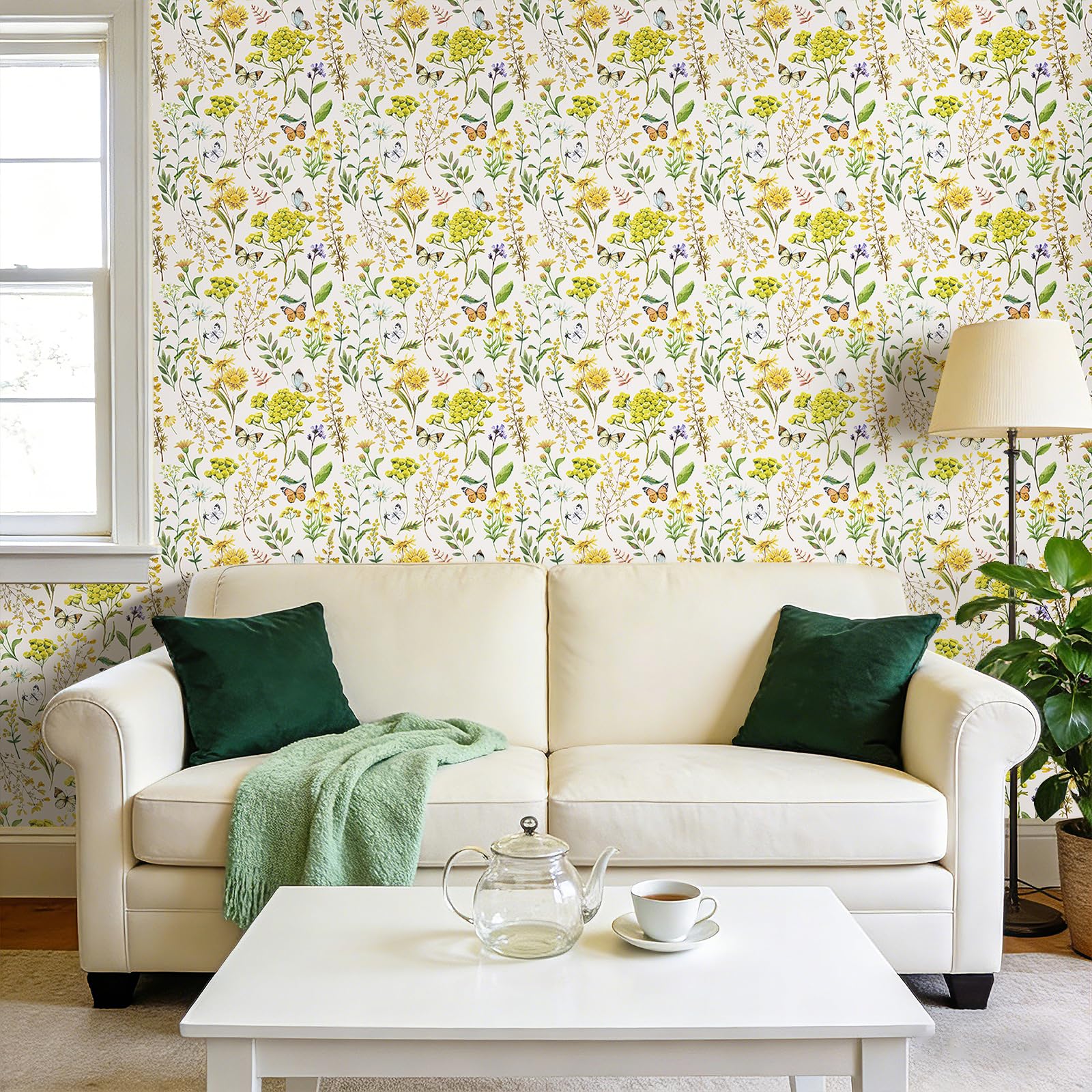Decotalk Papier Peint Adhésif Mural Motif Papillon et Fleurs 44.5cmX900cm Vinyle Adhésif Jaune Adhesif Mural Decoratif Salon Chambre Vinyle Adhesif Fleurs Film Autocollant Meuble Armoire Mur