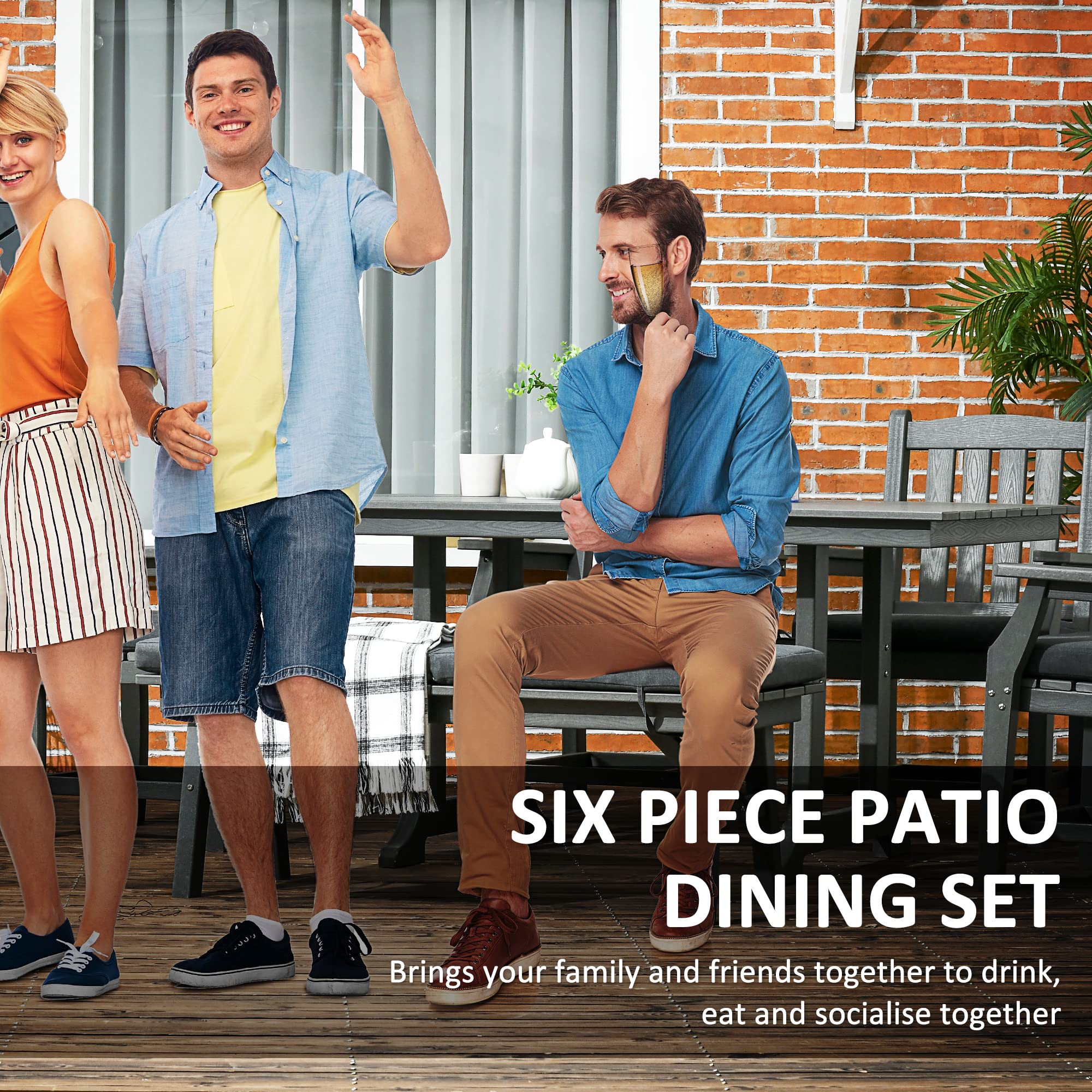 Juego de comedor de patio de 6 piezas, mesa y sillas de exterior de 6 plazas, muebles de conversación, reposabrazos, banco de dos plazas, mesa de comedor con agujero para paraguas, cojines, 3