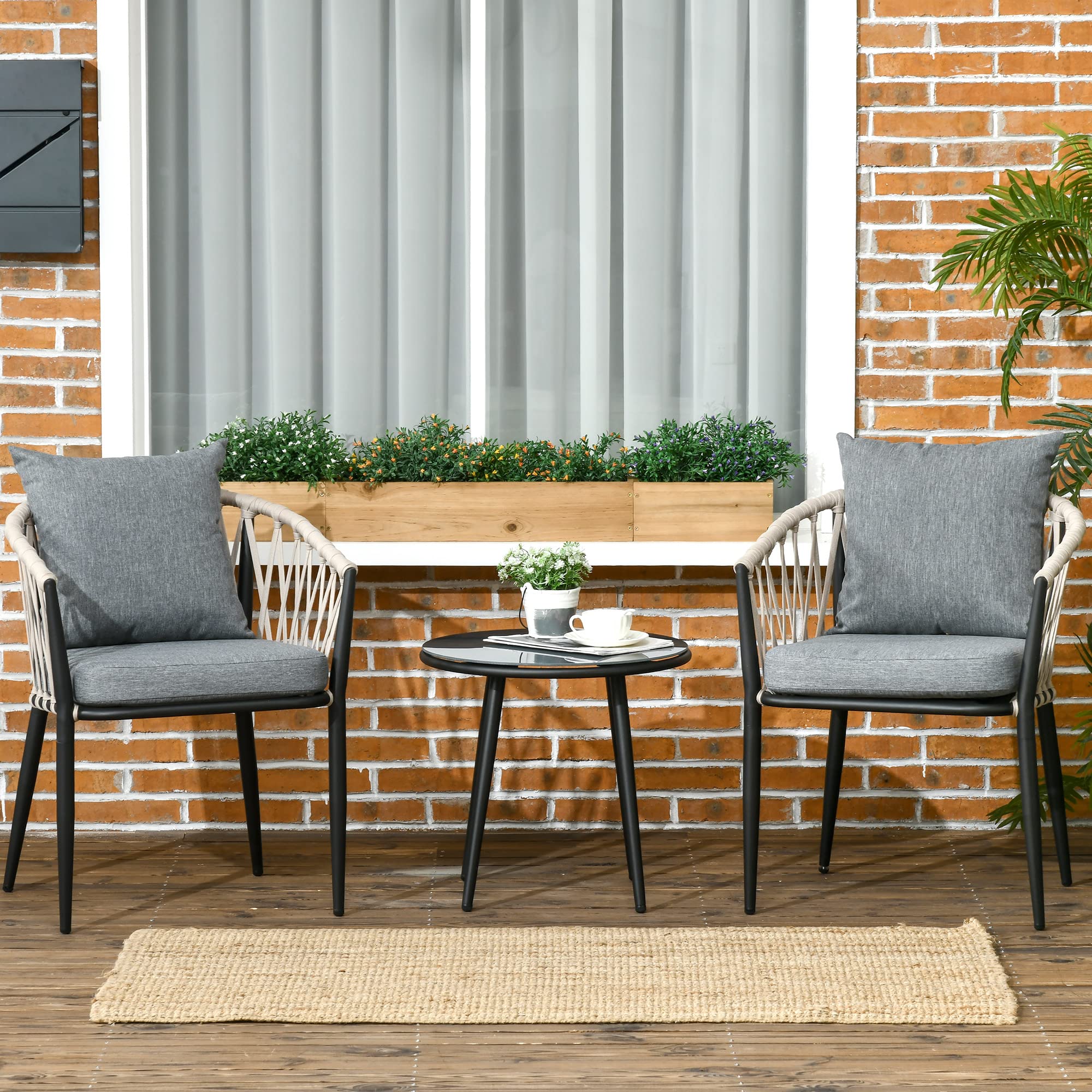 Outsunny 3tlg. Gartenmöbel Set, Garten-Bistroset inkl. 1 Tisch, 2 Stühlen mit Sitzkissen, Balkon-Set, Gartengarnitur für Terrasse, Balkon, Stahl, Grau