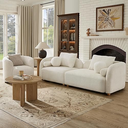 Miniatura 7 de Moderno sofá curvado Sherpa Boucle de 3 plazas, cómodo sofá nube con patas de madera y almohadas, sofás minimalistas para sala de estar,