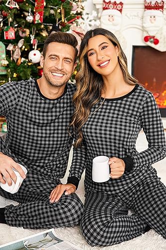 Miniatura 2 de Ekouaer Pijamas a juego para parejas, pijamas de manga larga a cuadros, ropa de dormir suave con bolsillos, S-XXL