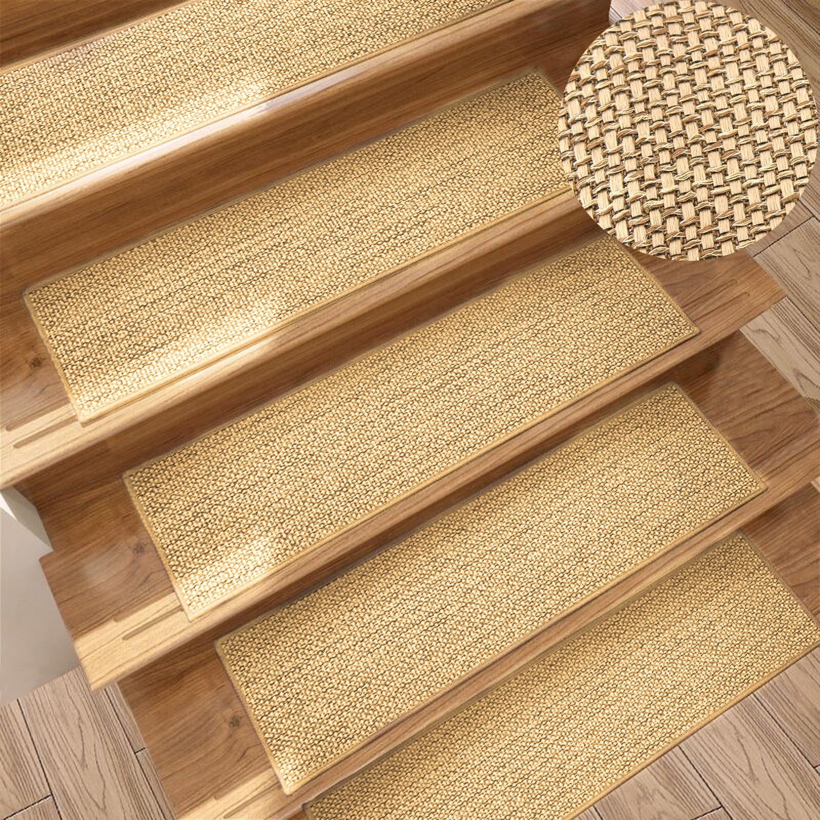 15 Pcs Stair Treads for Wooden Steps Indoor, Natural Linen Stair Treads Non-Slip Carpet Mat, 8" x 30" Stair Runners Soft & Comfortable Self-Adhesive Stair Rugs for Kids Elders & Pets