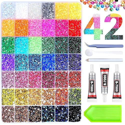 46000Pcs 42 Colors Jelly Rhinestones for Bedazzling, Resin Multicolor 3mm Flatback Gems for Crafting, Bedazzler Kit with 3Pcs 15ml B7000 Jewelry Glue for Crafts Clothes Book Shoes Nail Diamond Art