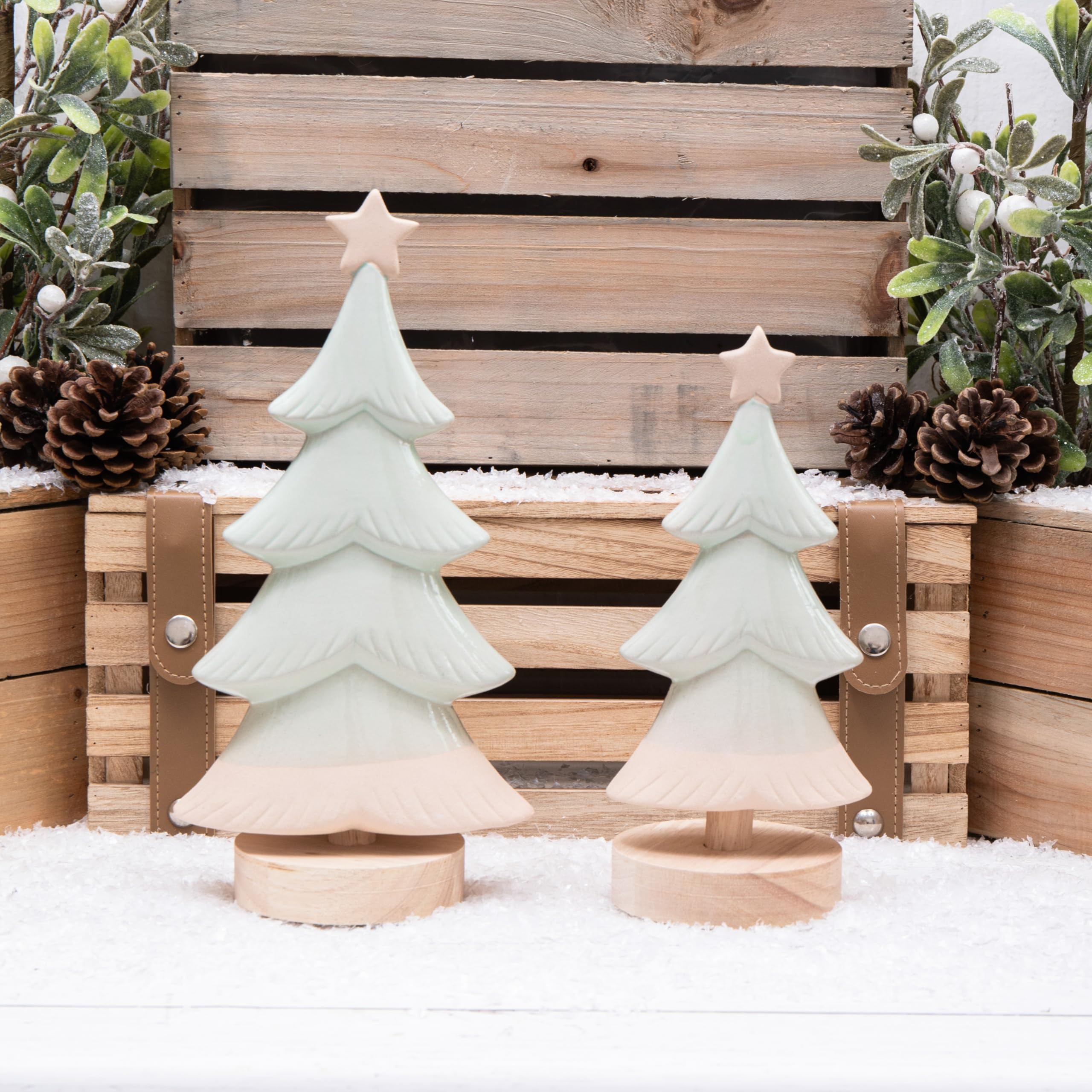 Sage Green Christmas Tree Glazed Stoneware Ceramic Ornament Decoration on Natural Wood Base (Large)