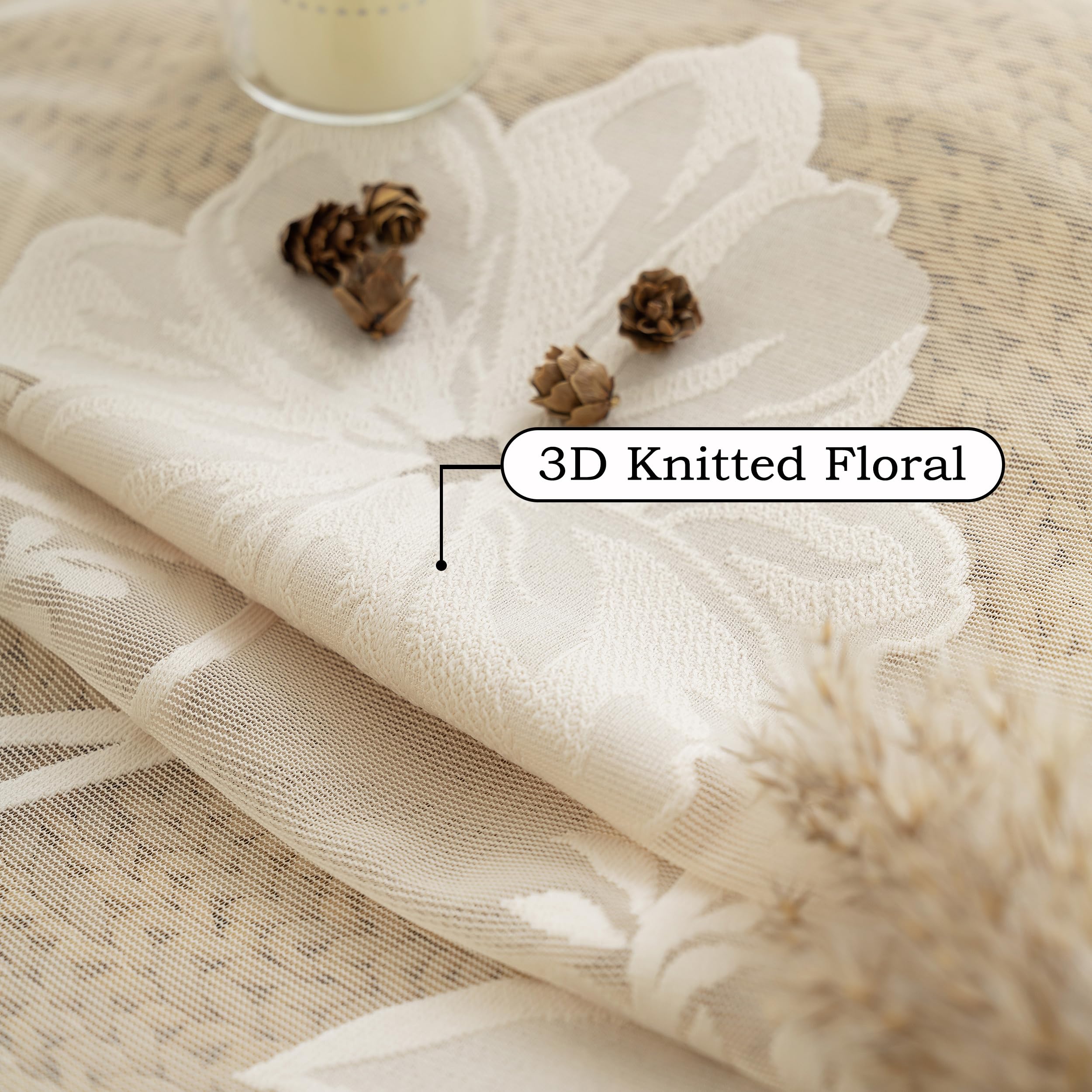 Beige Lace Sheer Curtains 54inch Rose Knitted Floral Vintage Lace Embroidered Curtains for Living Room Bedroom Window Privacy Country Chic Retro Leaf Semi Sheer Drapes Pencil Pleat 52"W 2 Drapes - Image 4