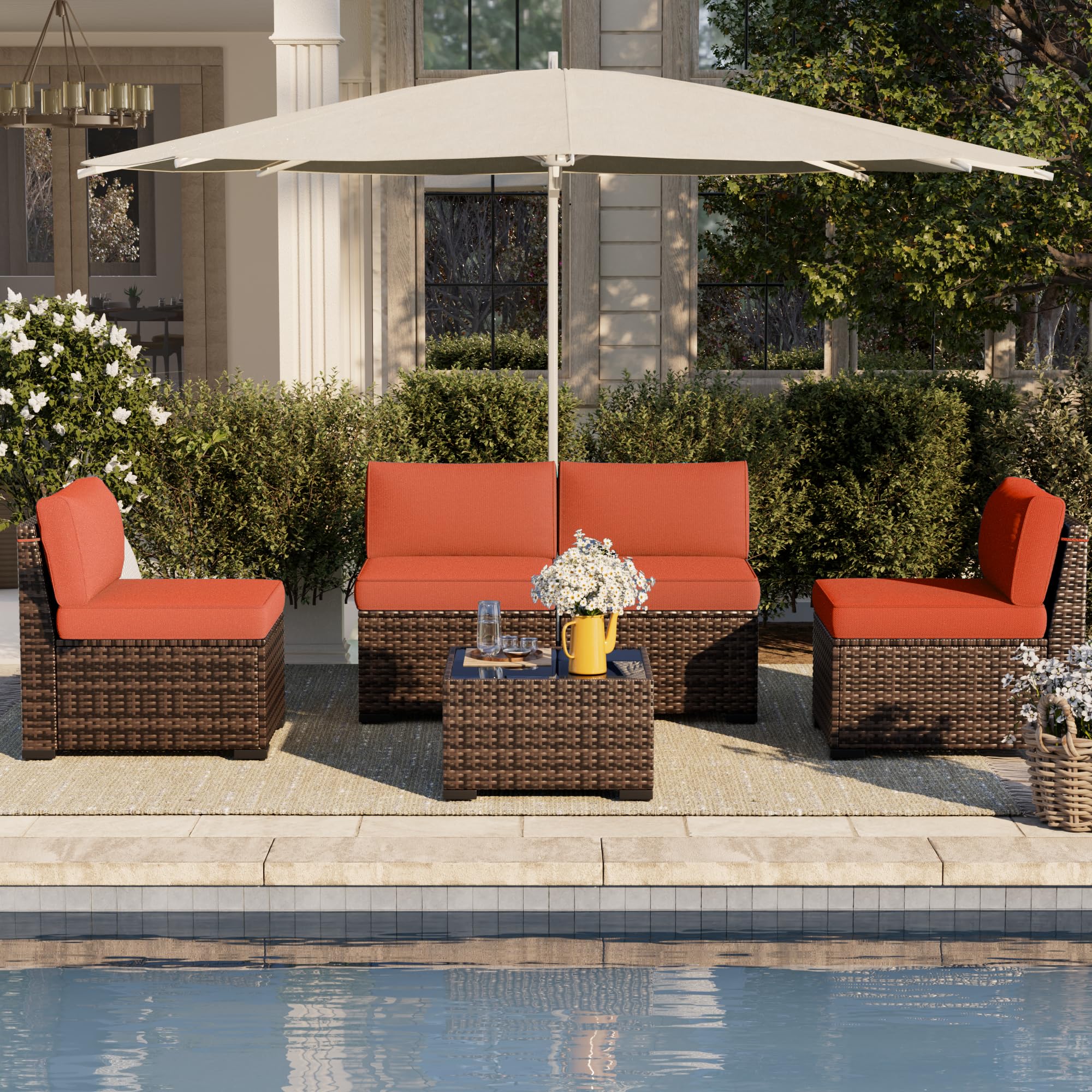 Patio Furniture Set, 5 Pieces Outdoor Sectional Sofa Set, PE Wicker Rattan Slanted Back Outdoor Conversation Set with Cushions and Glass Coffee Table, Orange