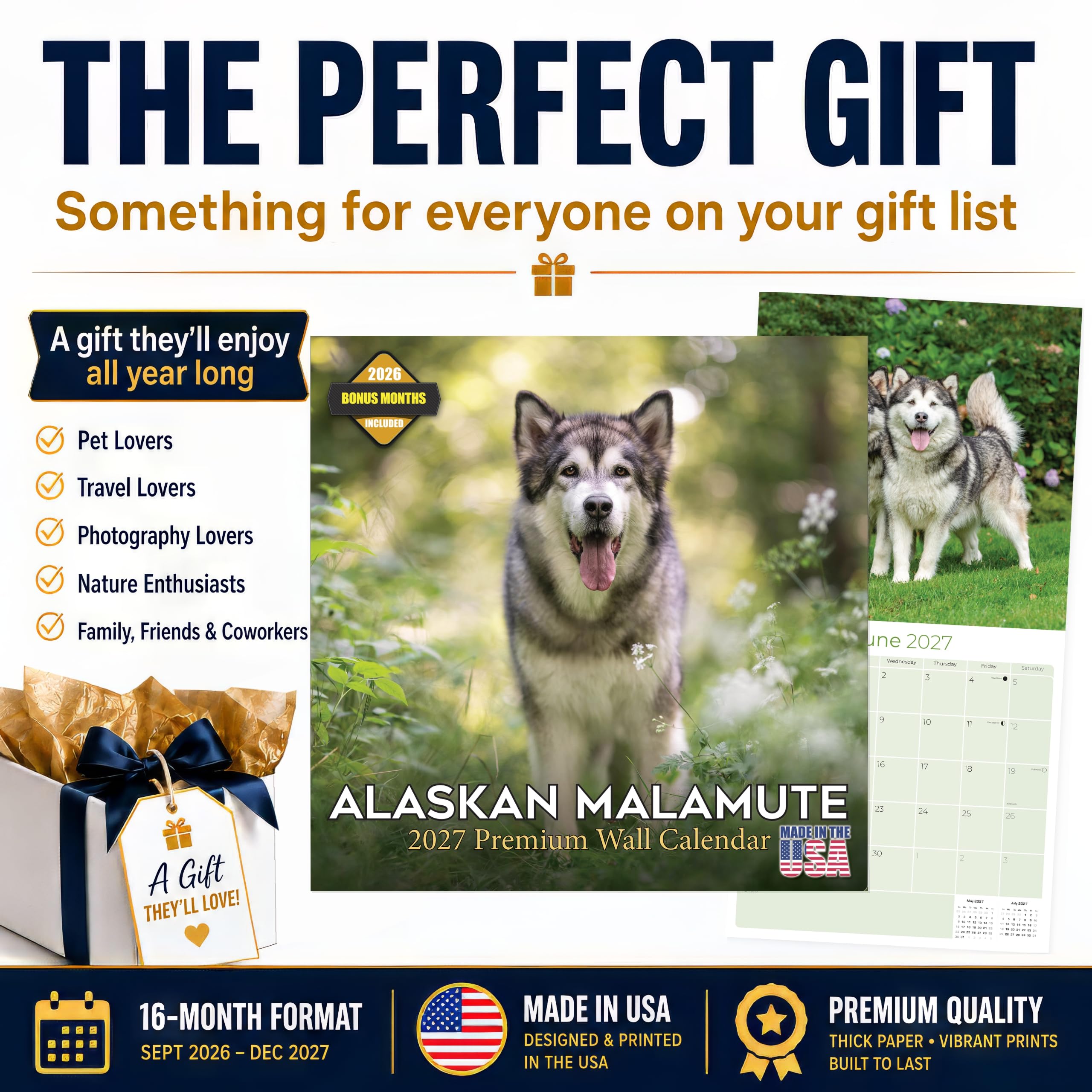Alaskan Malamute Kalender 2027, 16-Monats-Wandkalender 2026 2027, Geschenk für Hundeliebhaber, dickes 100# Papier, große Schreibblöcke, hergestellt in den USA, Schlittenhund, Dekoration