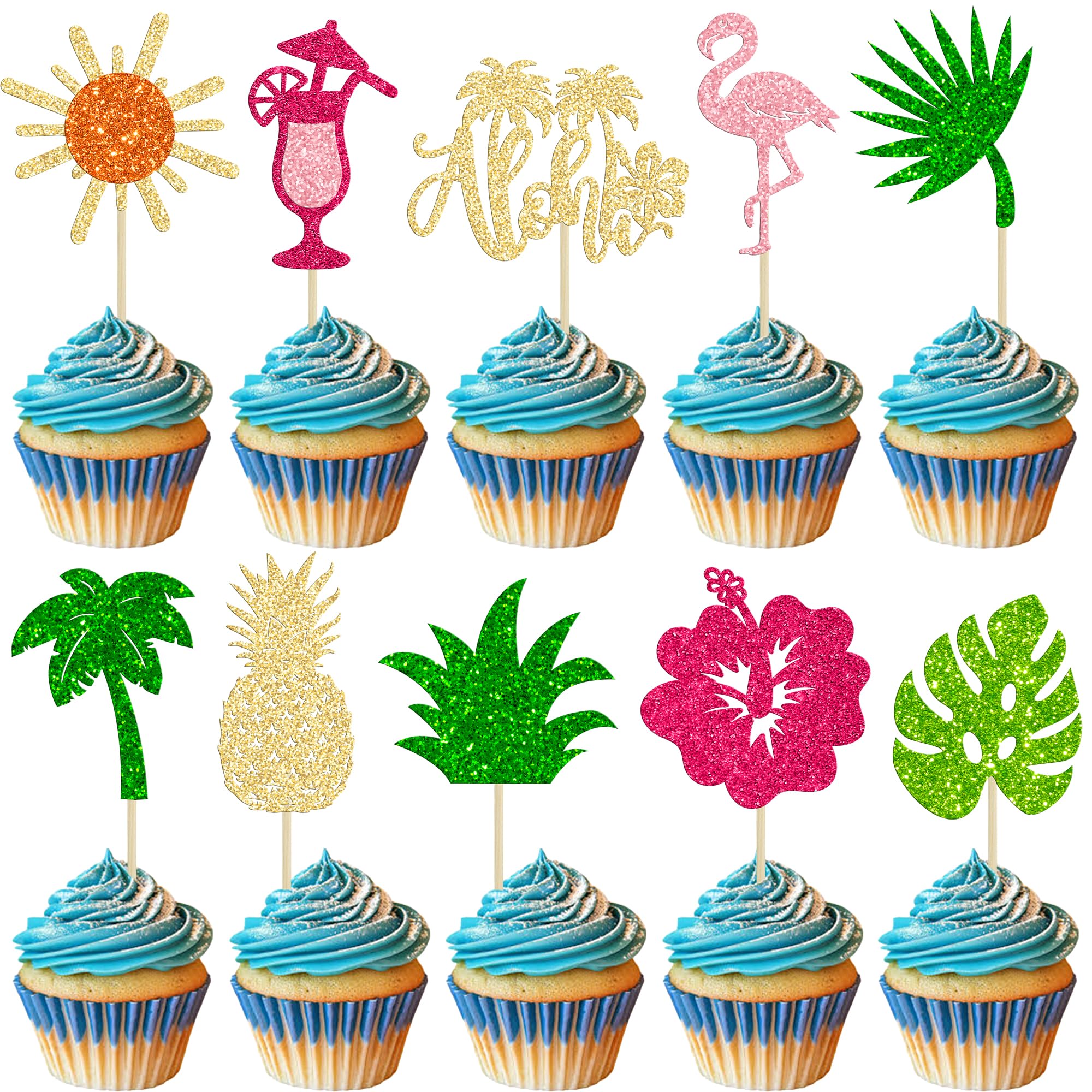 Gyufise 30Pcs Tropical Aloha Luau Cupcake Toppers Glitter Palm Tree Flower Turtle Leaves Flamingo Pineapple Cupcake Picks Summer Hawaiian Tropical Luau Aloha Theme Birthday Party Supplies Multicolor