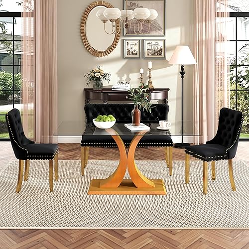 Miniatura 56 de Juego de mesa de comedor moderno de vidrio para 4, mesa de 160 cm de vidrio templado con base dorada estética y 4 sillas de comedor lujosas azules y