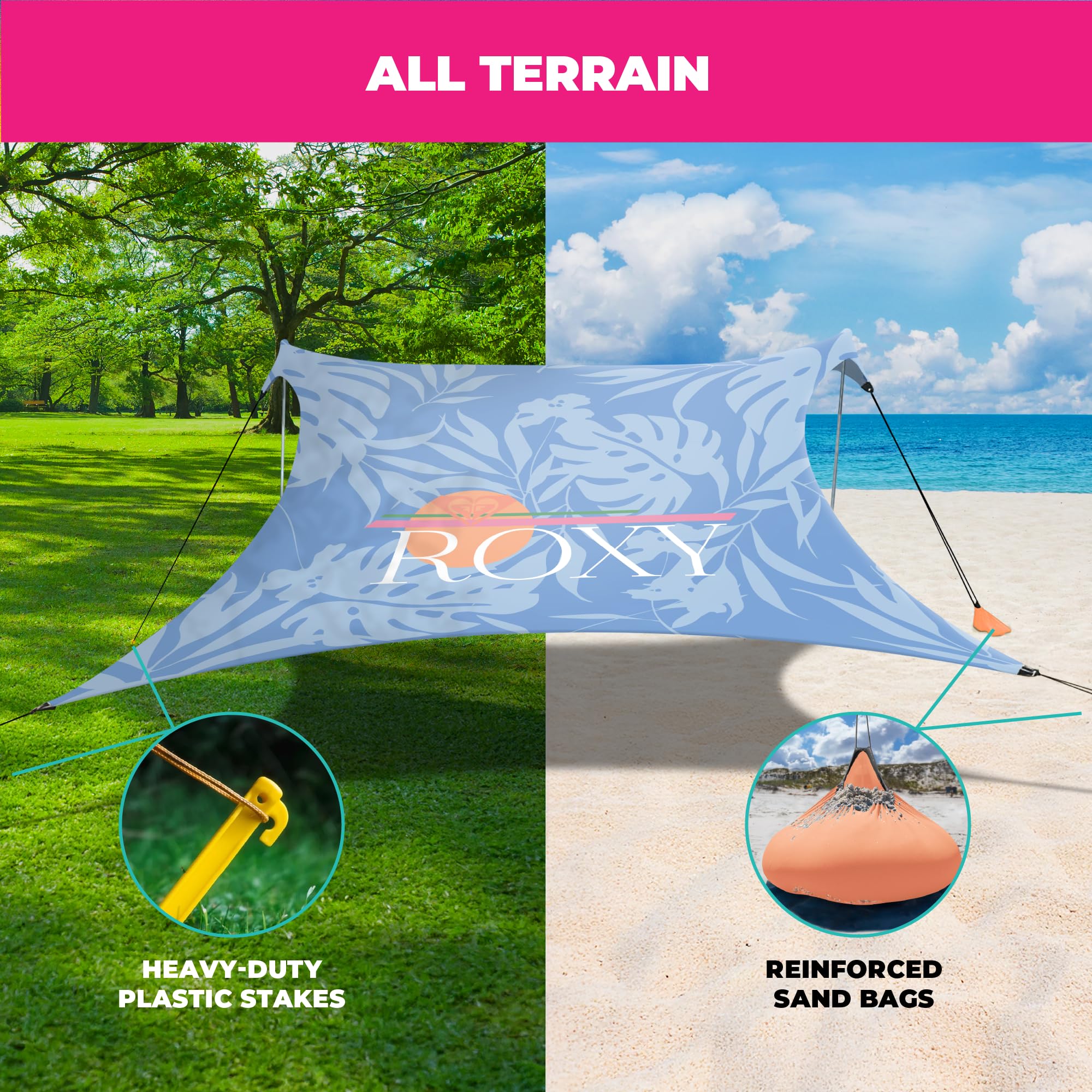 ROXY Refugio de Playa portátil – Tienda de campaña de protección Solar UPF 50+ con Anclajes de Saco de Arena y ventilación, Ligero e Impermeable para Playa, Campamento o Uso al Aire Libre – Se Adapta