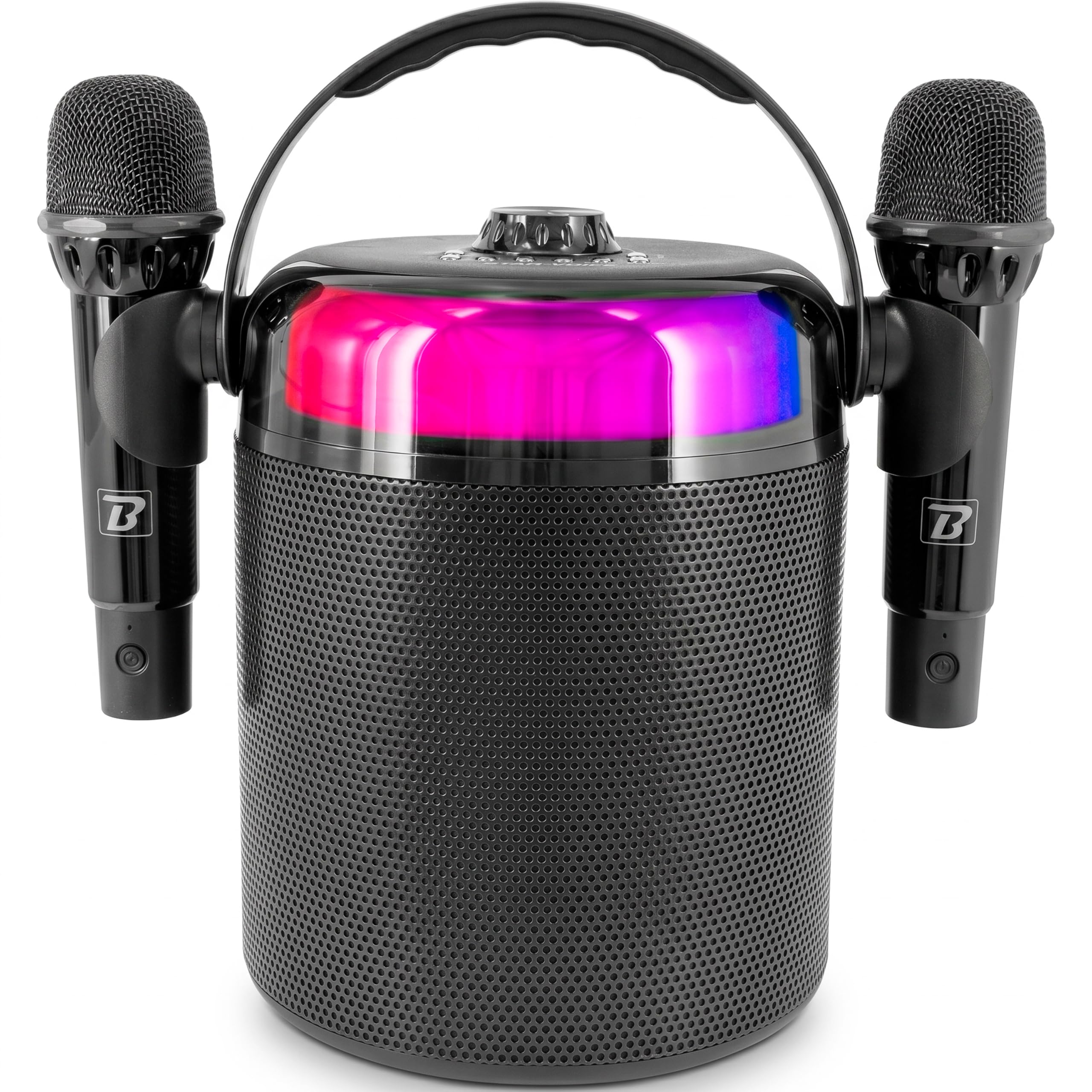 Altoparlante Karaoke portatile con LED, Bluetooth, cambio vocale, BoomTone DJ Star Voice. Viene fornito con 2 microfoni wireless + effetti. Perfetto per feste private, compleanni e intrattenimento.