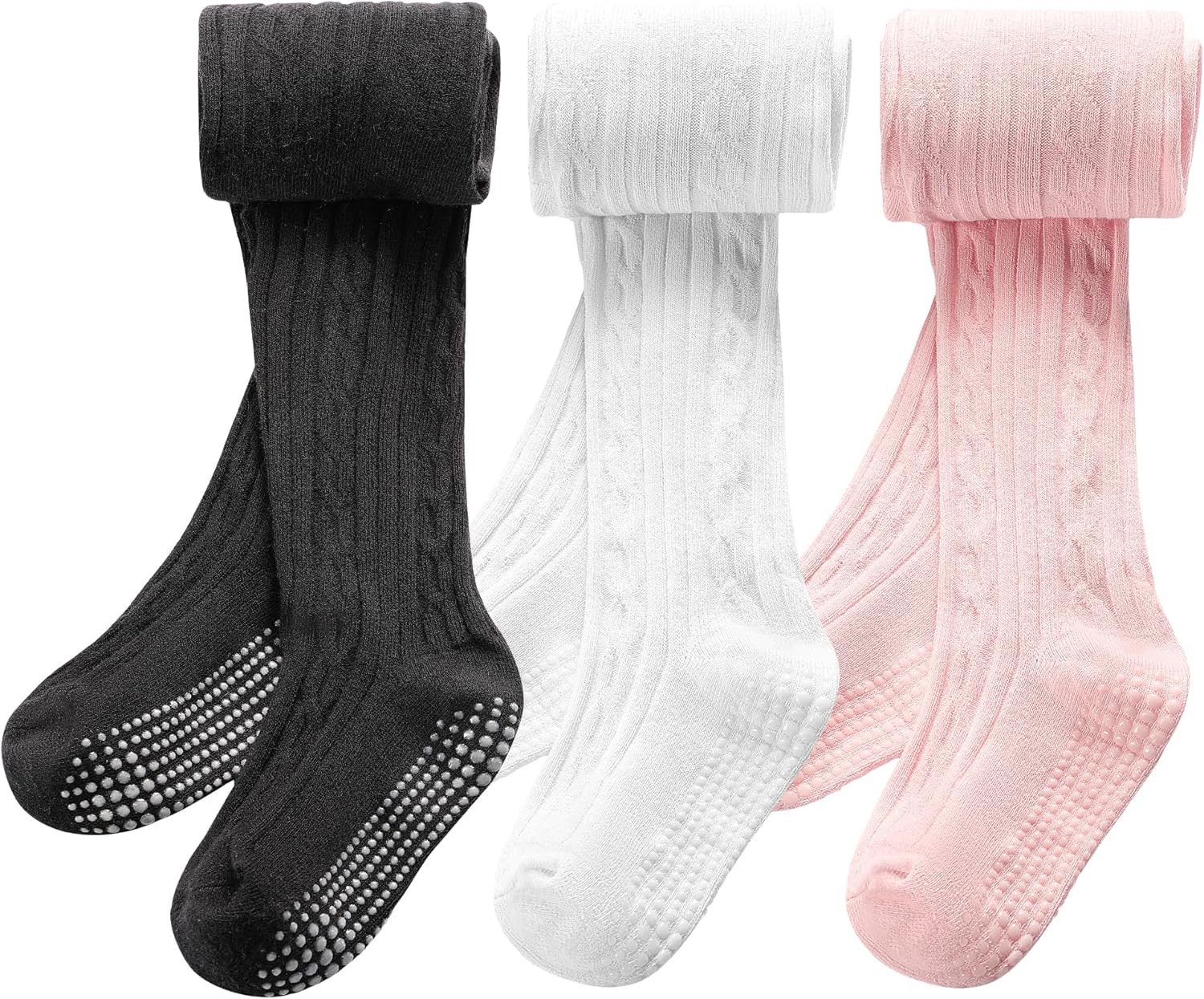3 Pack Toddler Tights, Non Slip Baby Tights for Girl (6 months-6 years), Knit Cotton Pantyhose Black White Pink Grey