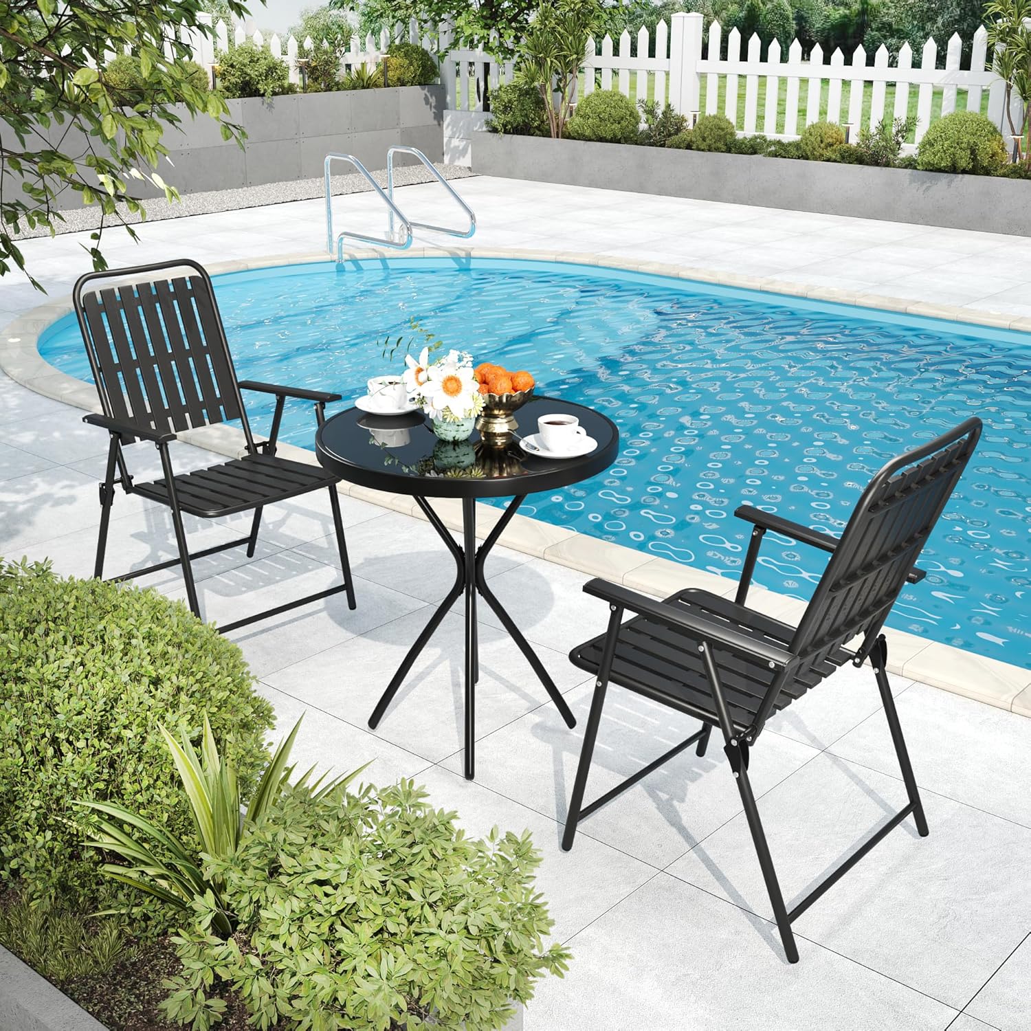 3 Pieces Patio Bistro Set Folding Small Table Chairs Set for 2 Outdoor Bistro Furniture Sets with Glass Coffee Table for Lawn Backyard Balcony Poolside
