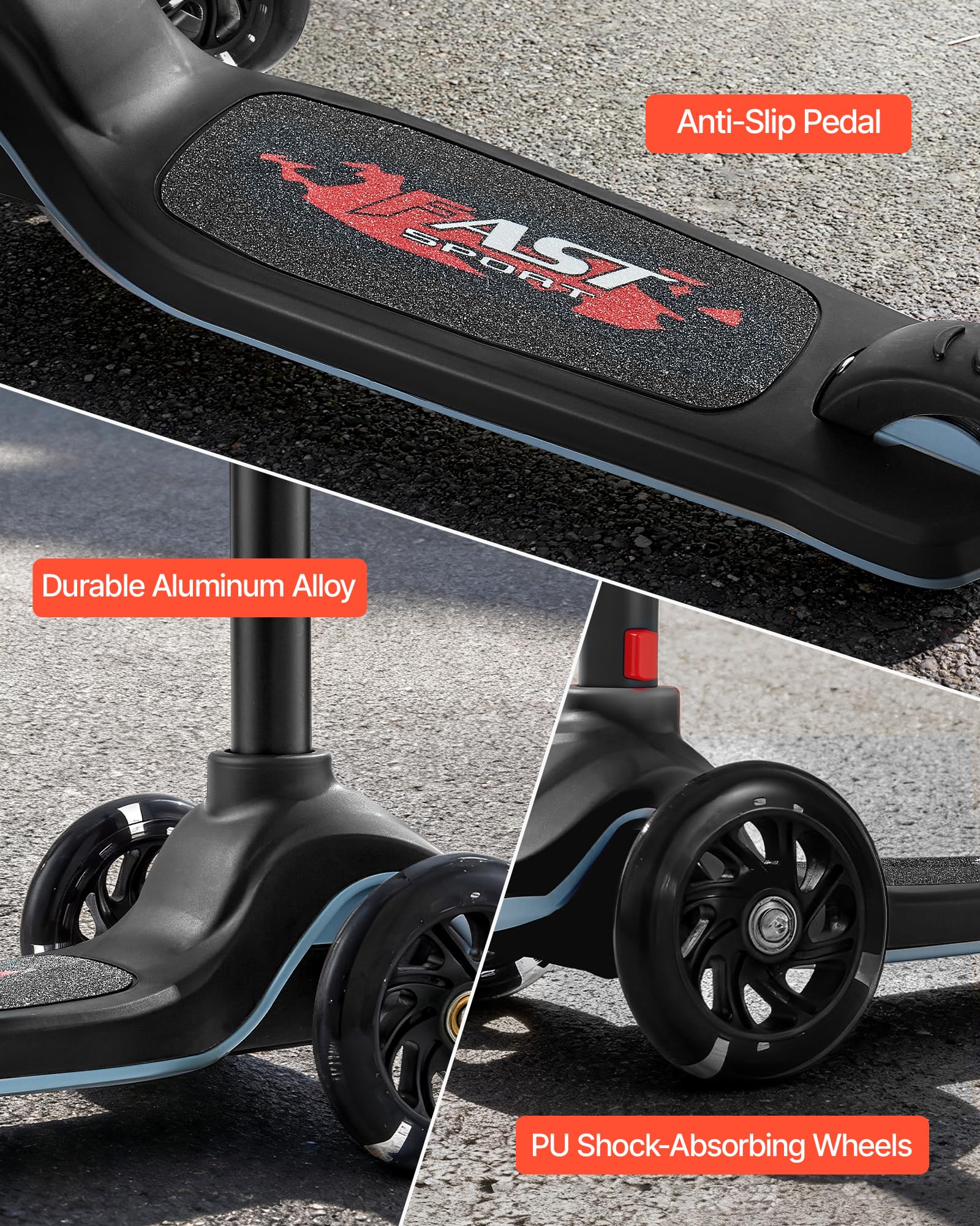 VEVOR Monopattino con 3 Ruote per Bambini da 3 Anni, Monopattino Carico max. 75kg 3 Altezze 710/755/800 mm, Ruote Luminose φ120 mm, Manubrio Altezza Regolabile, Pedana Antiscivolo, Nero