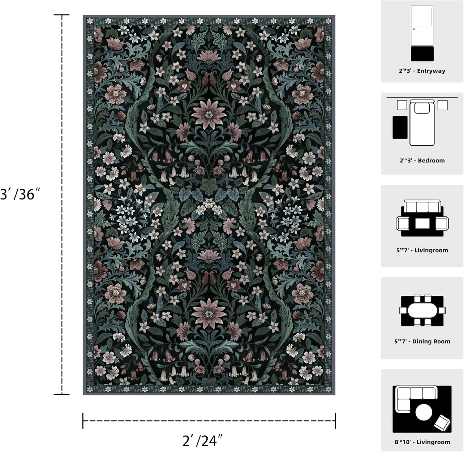 2x3 Black Floral Entryway Rugs, Washable Boho Door Mat, Low Pile Non-Slip Stain-Resistant Vintage Throw Area Rugs for Living Room, Bedroom, Bathroom, Kitchen, Home Decor