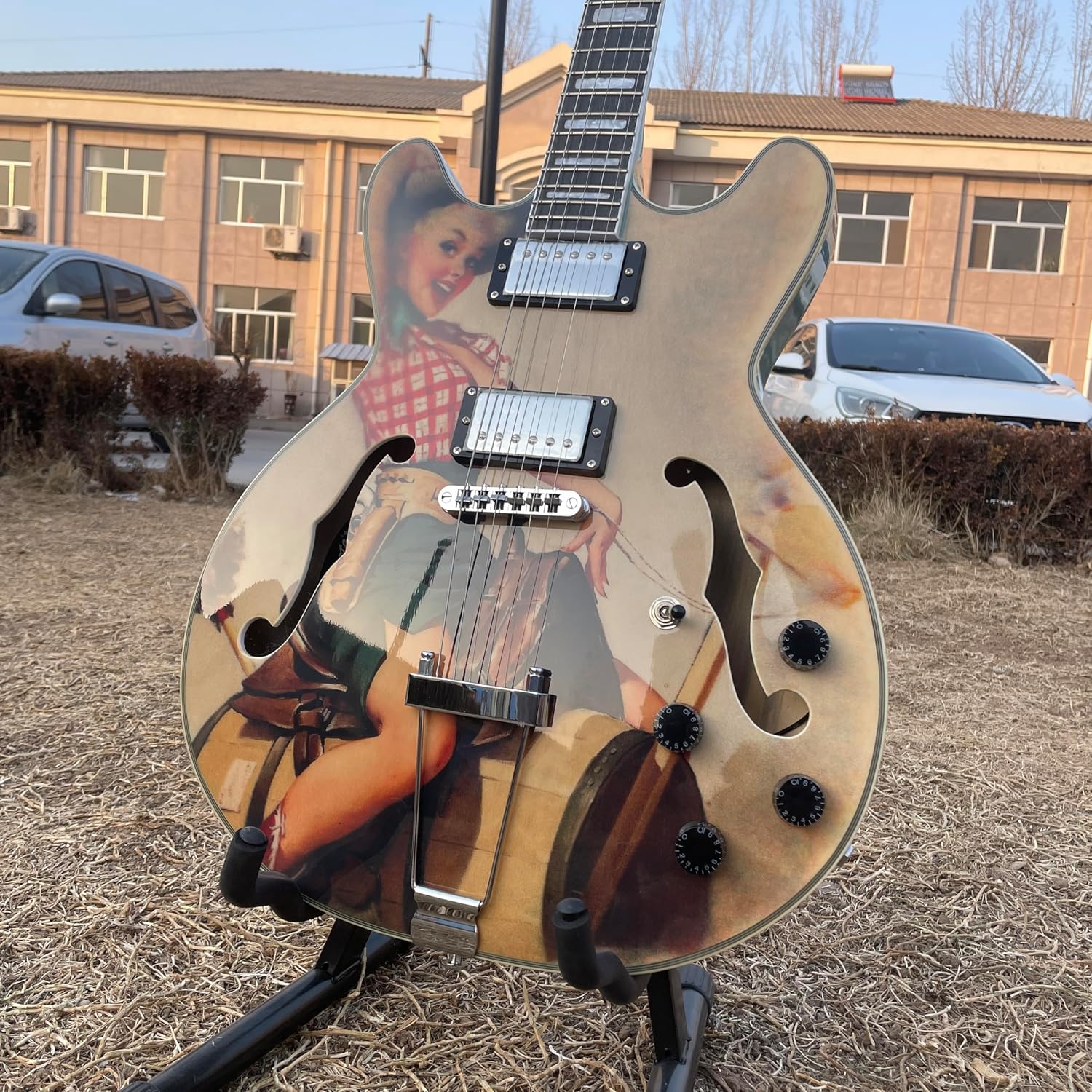 Custom Semi-Hollow Electric Guitar, Vintage Pin-up Artwork Design