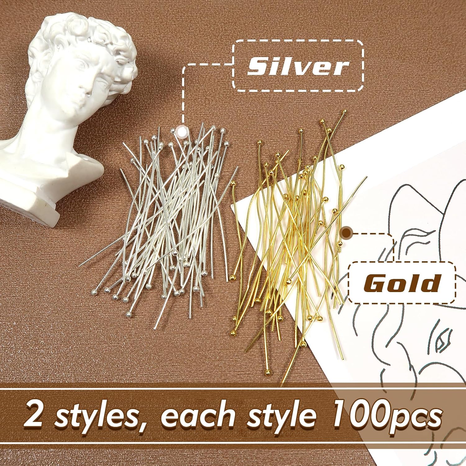 TOAOB 200pcs Ball Head Pins for Jewelry Making Brass Ball Pins 2 Inch 22 Gauge Gold Silver Headpins for DIY Charm Beads Crafts Earring Bracelet Necklace Jewelry Making