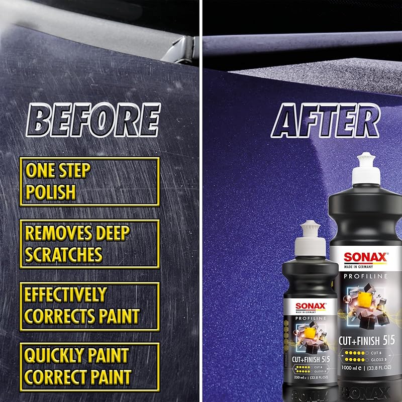 SONAX Cut & Finish 225141 | High Performing Polish/Compound | Rated 5 Cut & 5 Gloss | Removes Paint Defects, P1500 Sanding Marks & Water Spots | Long Work Time & Easy Wipe-Off | Silicone-Free | 250ml