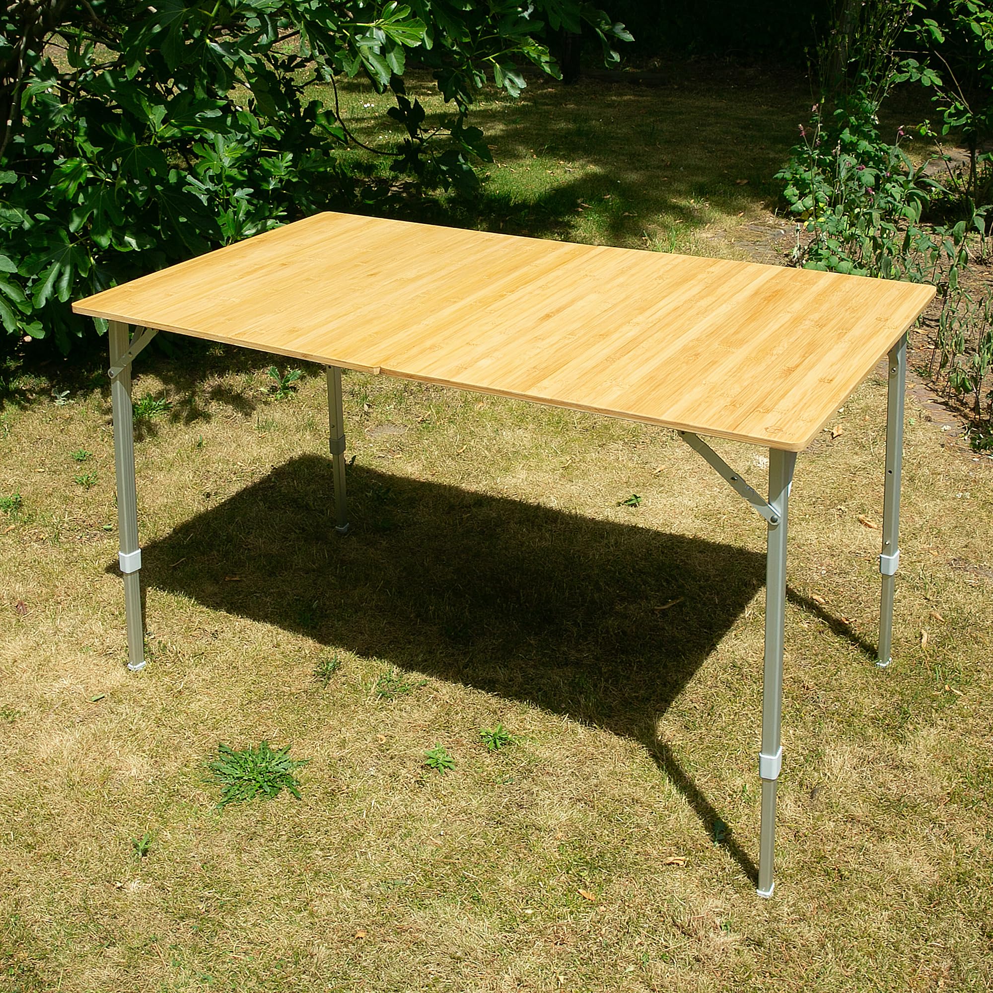 your GEAR Portofino Bambus Campingtisch XL 120x70 cm – Höhenverstellbarer Outdoor Klapptisch – Teleskopbeine Alutisch – Gartentisch Balkontisch