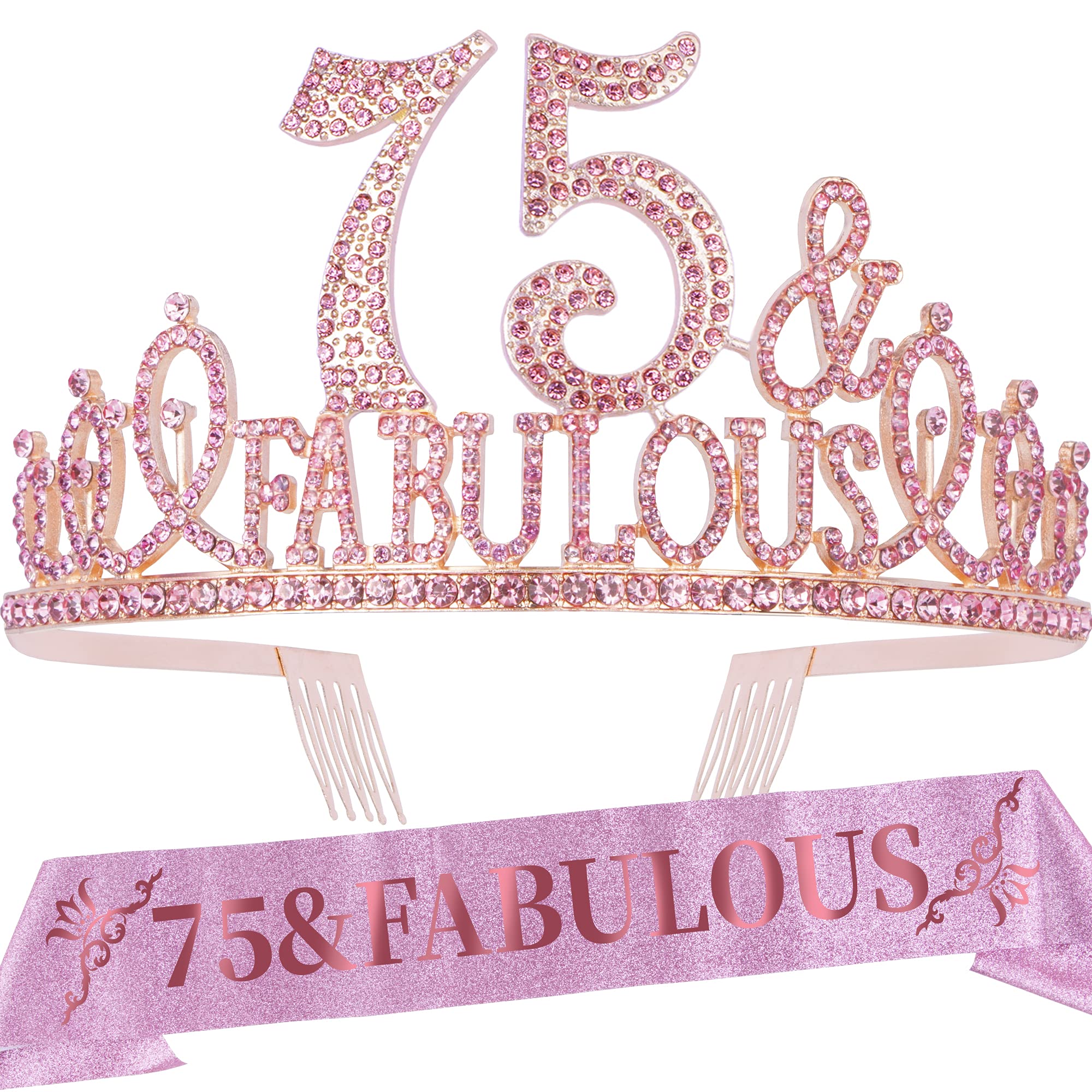 EBE EmmasbyEmma 75th Birthday Gifts Women,75th Tiara and Sash Pink,75th Decorations Party Supplies,75 Fabulous Satin Crystal Crown for Party, L