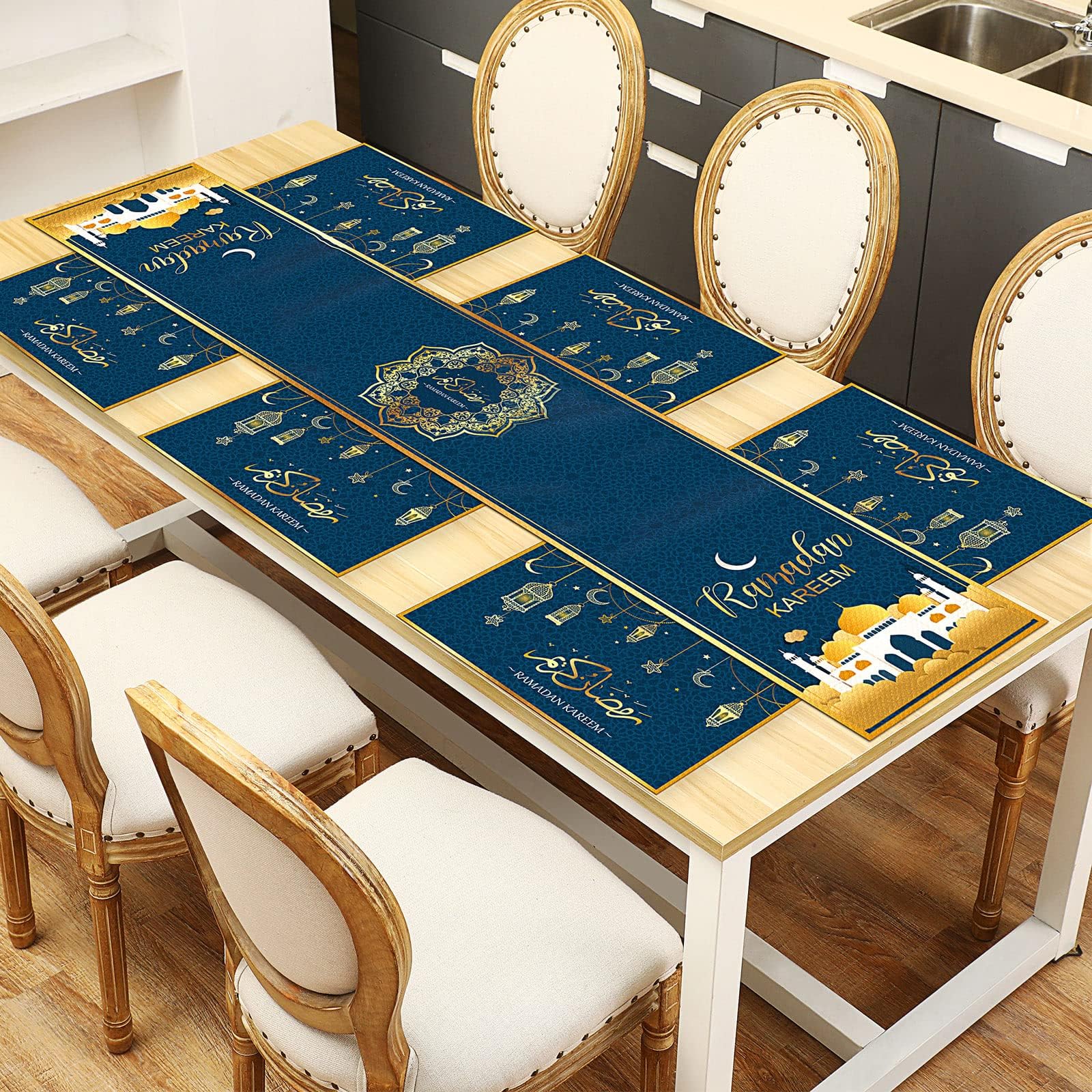Tiamon 7 Pack Table Runner and Placemats Table Decorations Star Moon Decor Sets for Home Dining Supply(Dark Green)