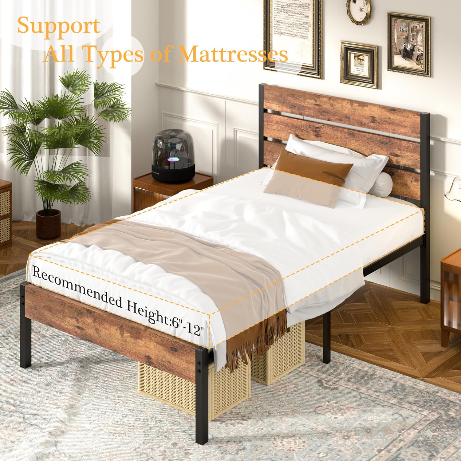 VECELO 2 Set Bed Frame Twin Size with Wooden Headboard and Footboard, Heavy-Duty Platform Frames with Metal Slats Support System, 12 inch Under-Bed Storage, No Box Spring Needed, Rustic Brown
