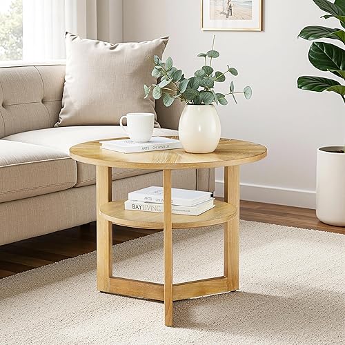 Miniatura 8 de Mesa auxiliar redonda para sala de estar, mesa de centro circular de 2 niveles con gran almacenamiento, moderna mesa de centro circular rústica con