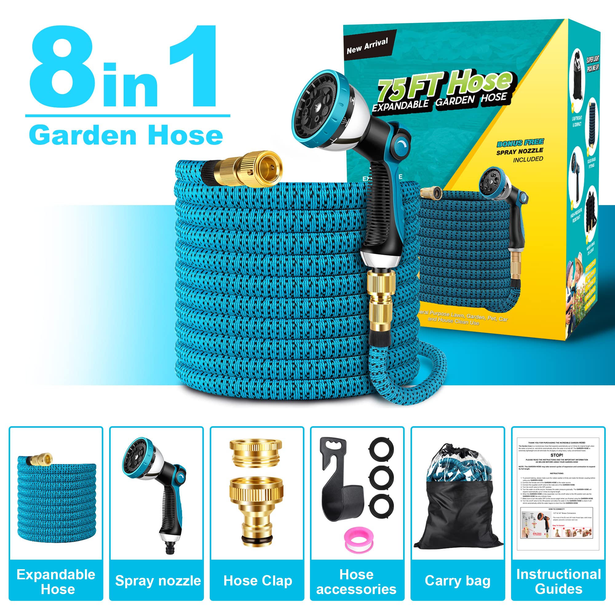 flexibler Gartenschlauch, ausdehnbarer Wasserschlauch mit 10 Sprühmuster-Düsen und massiven Messinganschlüssen, Gewebe 3750D, Strapazierfähiger Gartenschlauch mit 4-lagigem Latexkern-23m/75ft