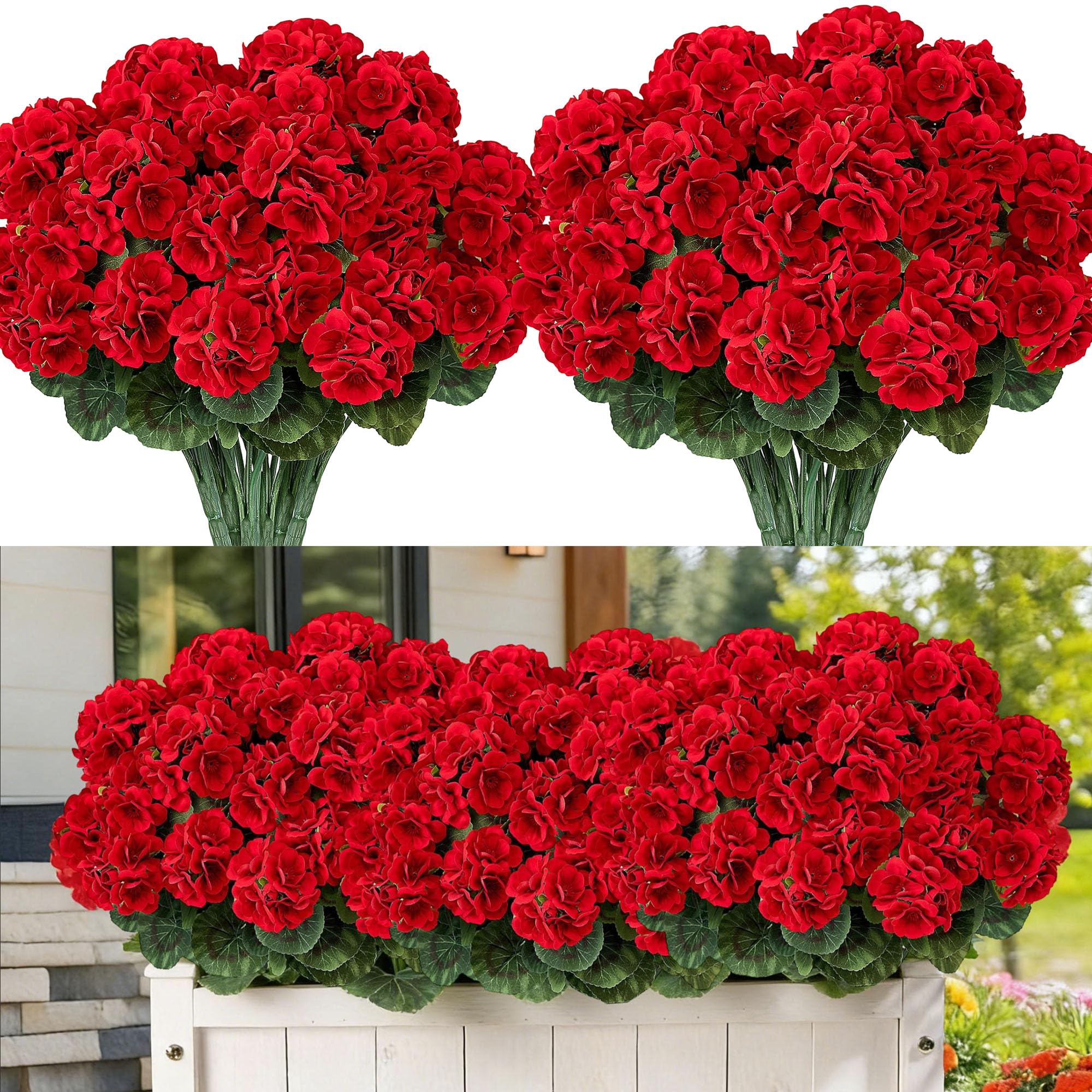 Artifolia 4 Bündel Kunstblumen für Draußen, Rot Seiden Geranie Künstliche Blumen, Faux Uv-Beständige Freien Wetterfest, für Innen Außen Box Balkonkasten Garten Dekor