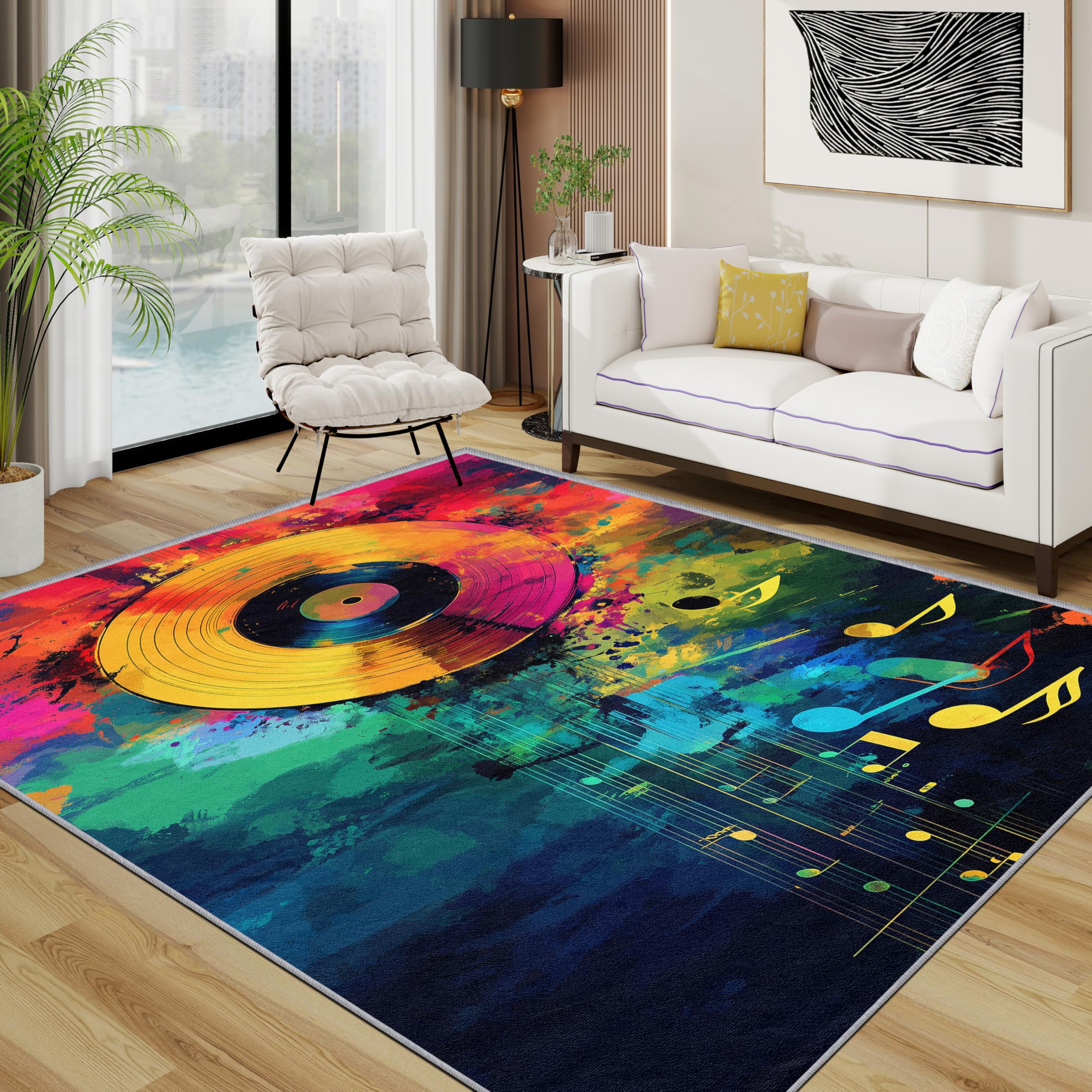 TerroVee CD Rug - Music Note Colourful Vinyl Record Small Rugs for Bedroom 50x80, Disc Musical Watercolour Floor Mat Soft Washable Non Slip Indoor Mats, CD Home Decor