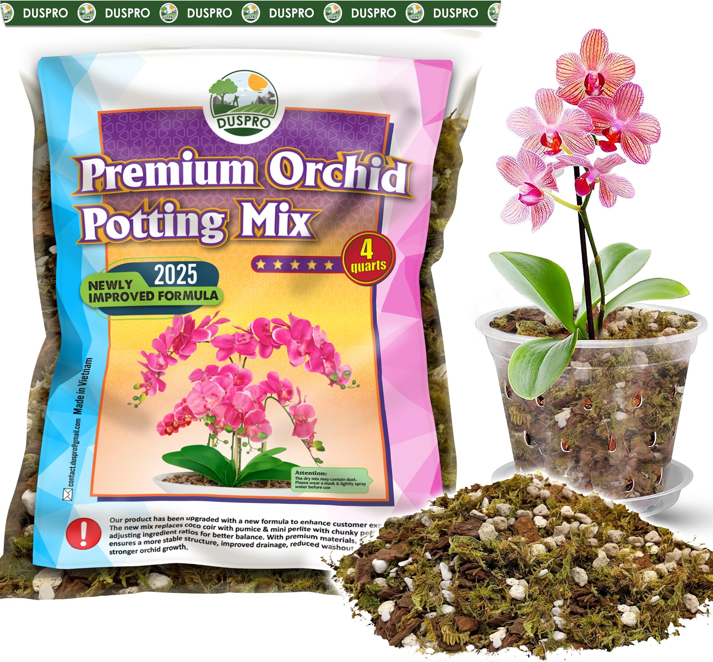 [Upgraded] DUSPRO Orchid Potting Mix for Repotting with Forest Moss, Pine Bark, Perlite & Pumice, Orchid Bark Potting Mix,Orchid Repotting Soil, Drainage Indoor Potting, Orchid Pot Not Included, 4 QT