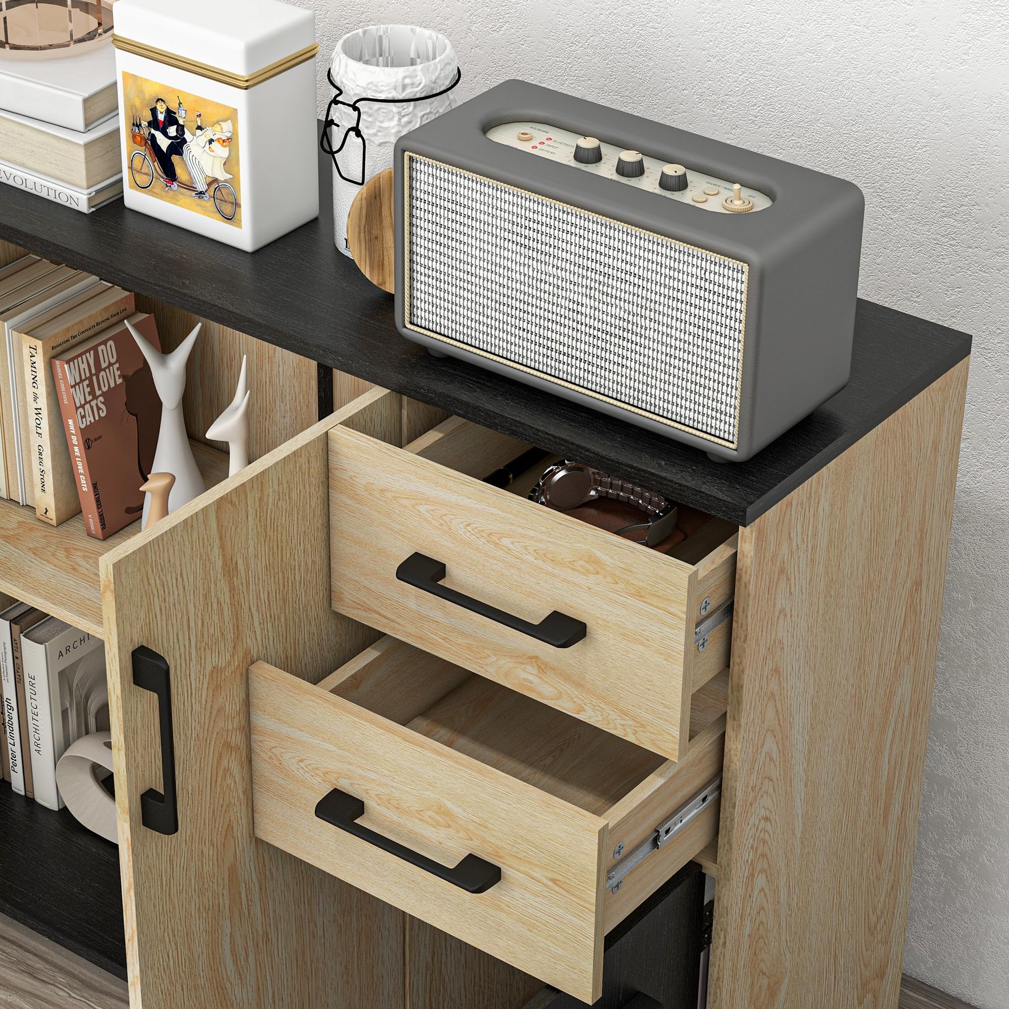 HOMCOM Buffet Salon, Meuble de Rangement avec 3 Portes, 2 tiroirs et étagère réglable, Style Moderne, Buffet Salle à Manger, Cuisine et Salon, 90 x 30 x 75,5 cm, Noir et Bois Naturel