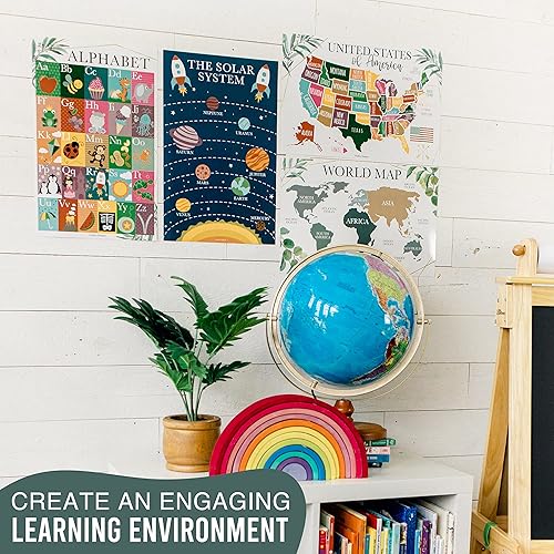 Miniatura 7 de 4 carteles del alfabeto, mapa de Estados Unidos, mapa del mundo y sistema solar, gráficos ABC laminados para decoración de pared de niños pequeños,