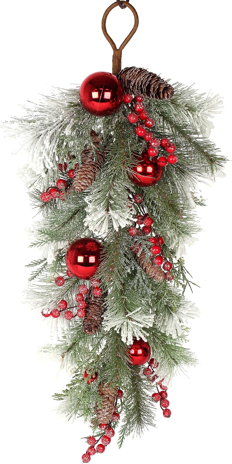 Direct Export 32 Inch Artificial Mixed Pine Christmas Teardrop Swag with Snow, Crystals, Berries, Pine Cones and Red Ball Ornaments