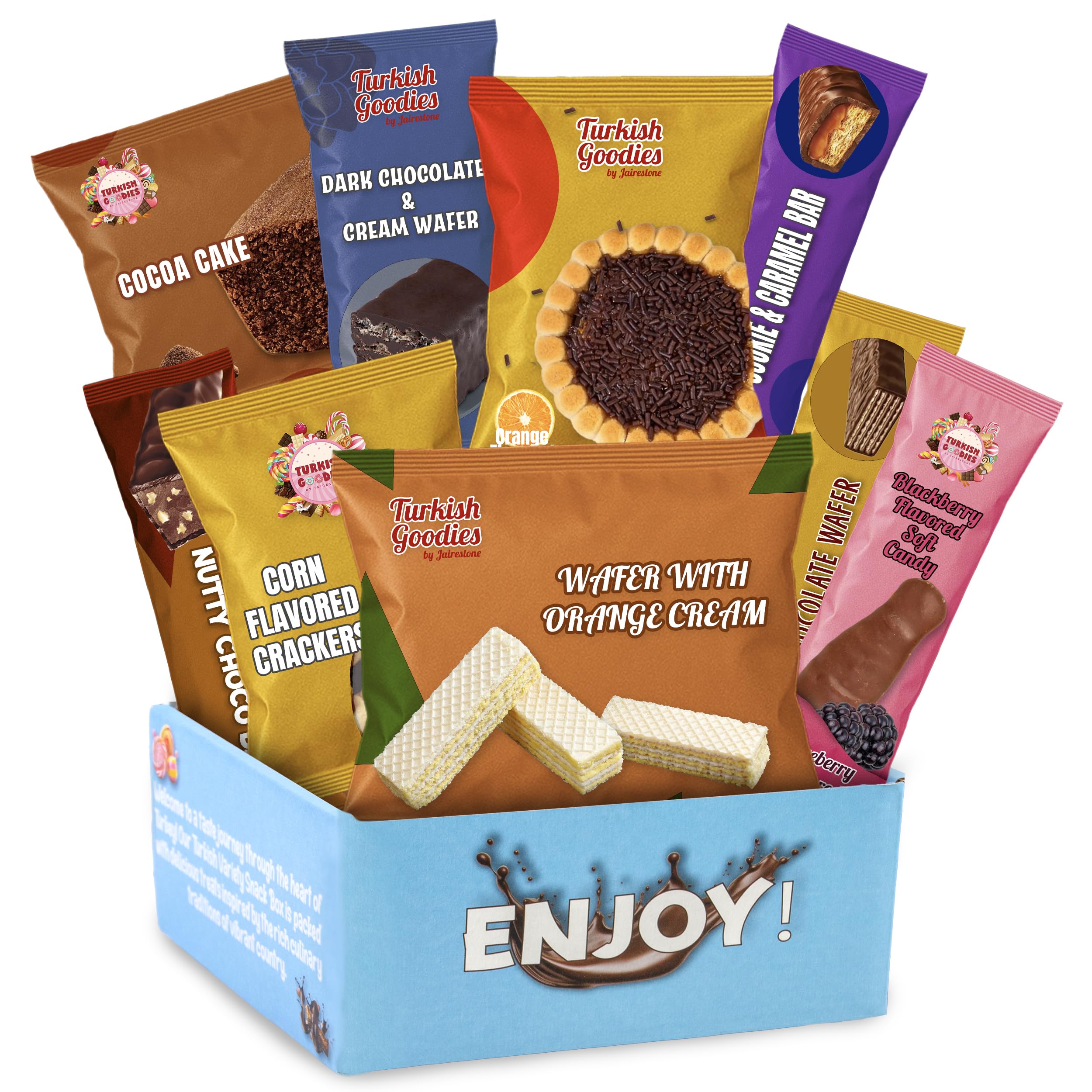 Turkish Goodies By Jairestone Foreign Snacks Variety Pack - Care Package For College, Office, Dorm - International Snacks Including Salted Crackers, Wafers, Chocolate, Bar - 9ct