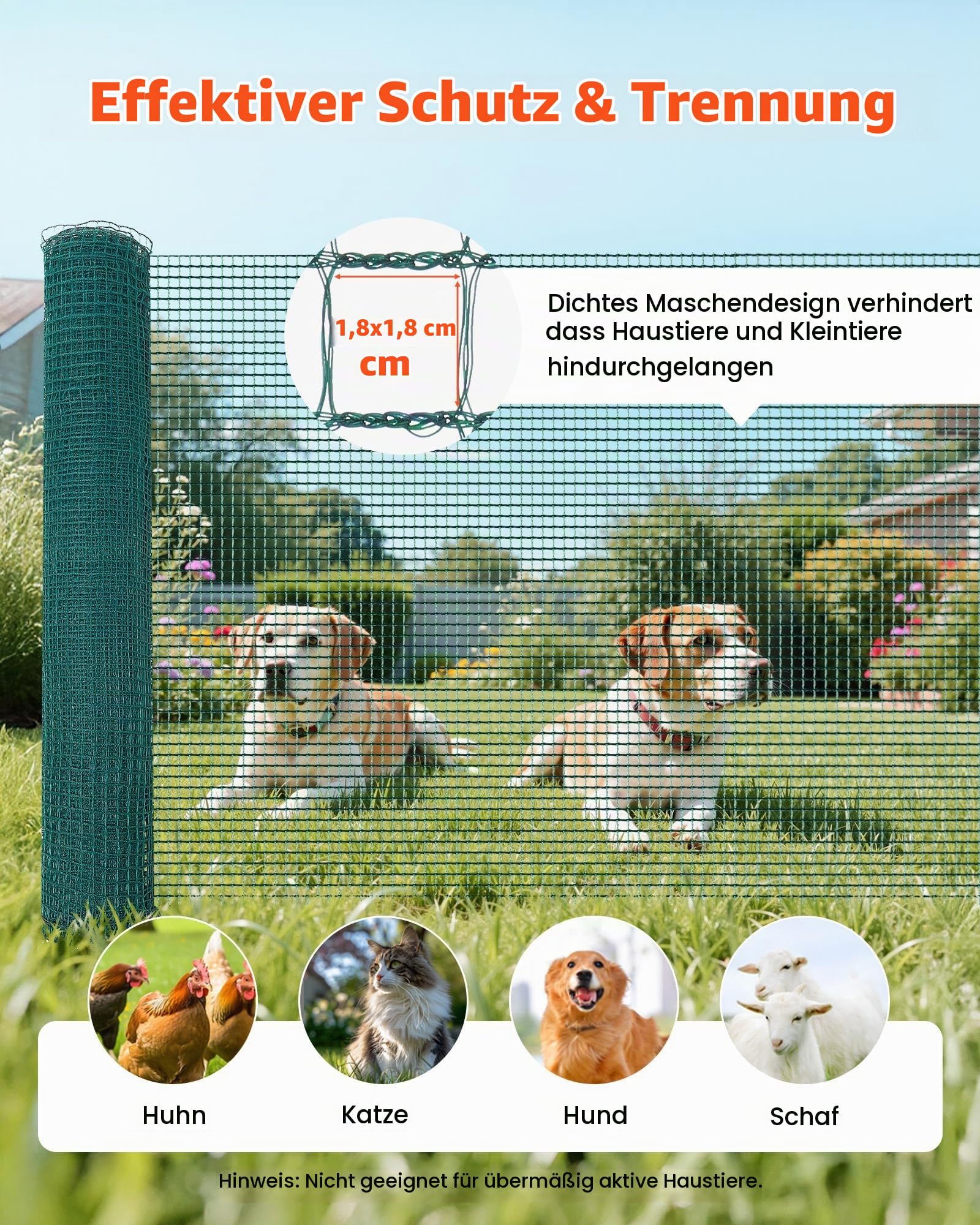 VEVOR Begrenzungszaun 15x0,9 m, Weidezaun aus PE, Mobiler Hundezaun mit Doppelspitzenpfählen & Abspannseilen, Hühnerzaun, Gartenzaun, Campingzaun für Hunde, Hühner, Pflanzen, Außenbereiche