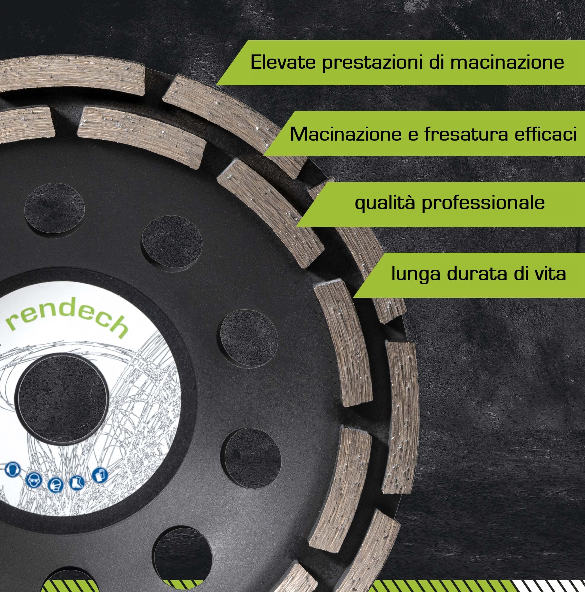 Smerigliatrice a tazza diamantata 180 mm per calcestruzzo, muratura, pietra. Mola a tazza diamantata universale | qualità del marchio rendech®