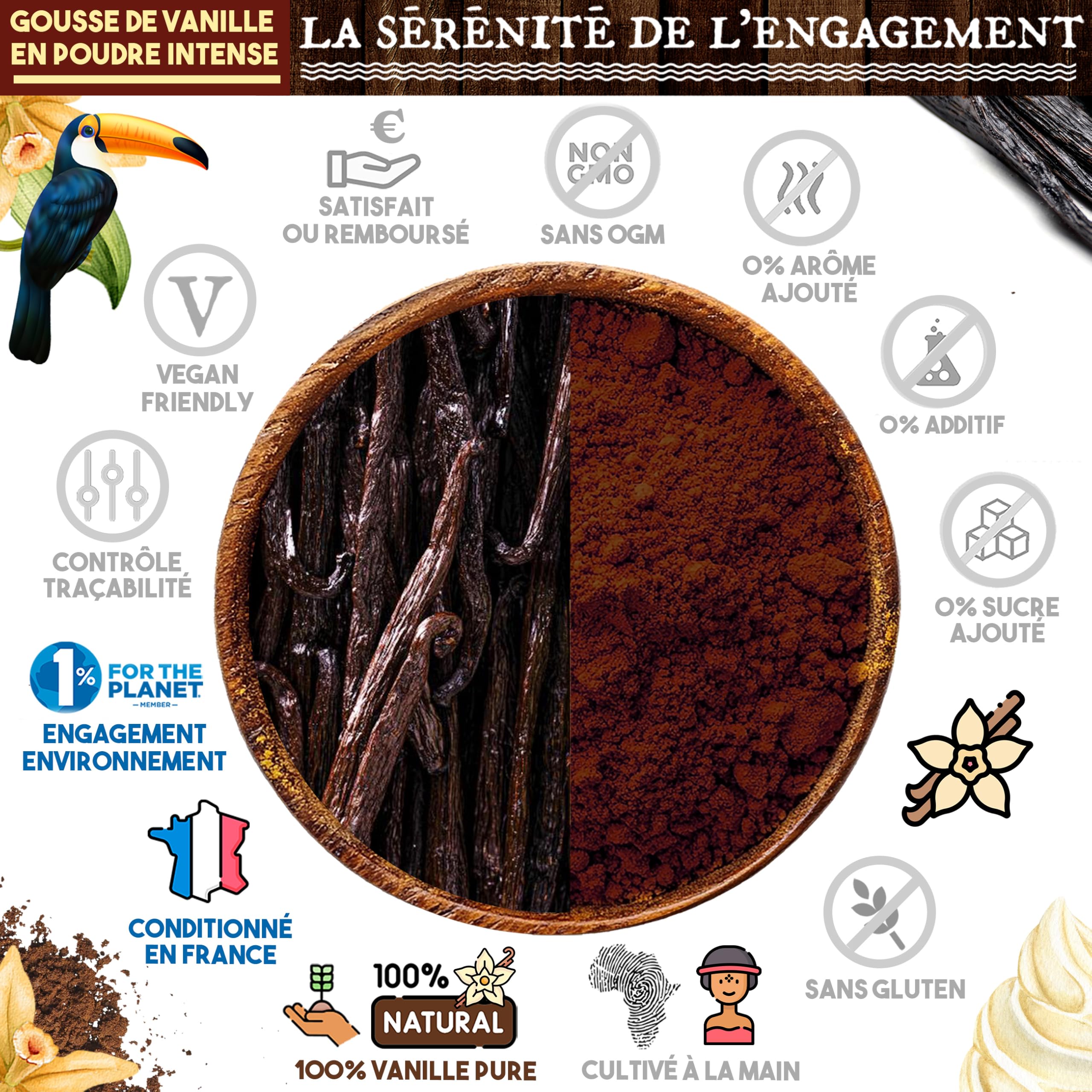 Nabür - 40 g proszek waniliowy Bourbon z Ugandy, Premium, niewyczerpany, niesłodzony -100% naturalny, ciasta, deser, napój