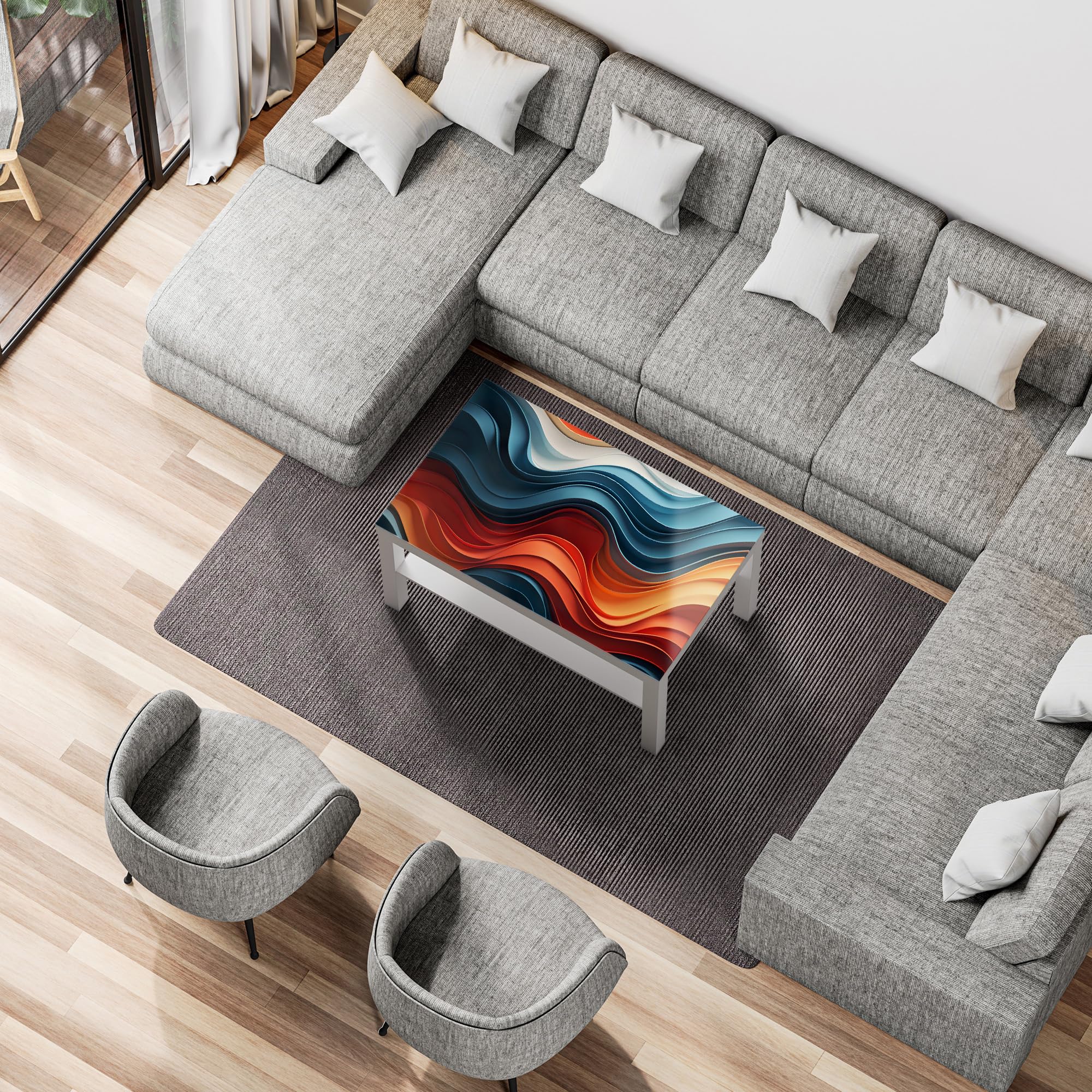 DEQORI Stolik szklany | biały duży 90 x 50 cm | motyw fal dobrego samopoczucia | niezwykły stolik pomocniczy ze szkła | wysoki połysk stolik kawowy do salonu | nowoczesny stolik kawowy z designerskim