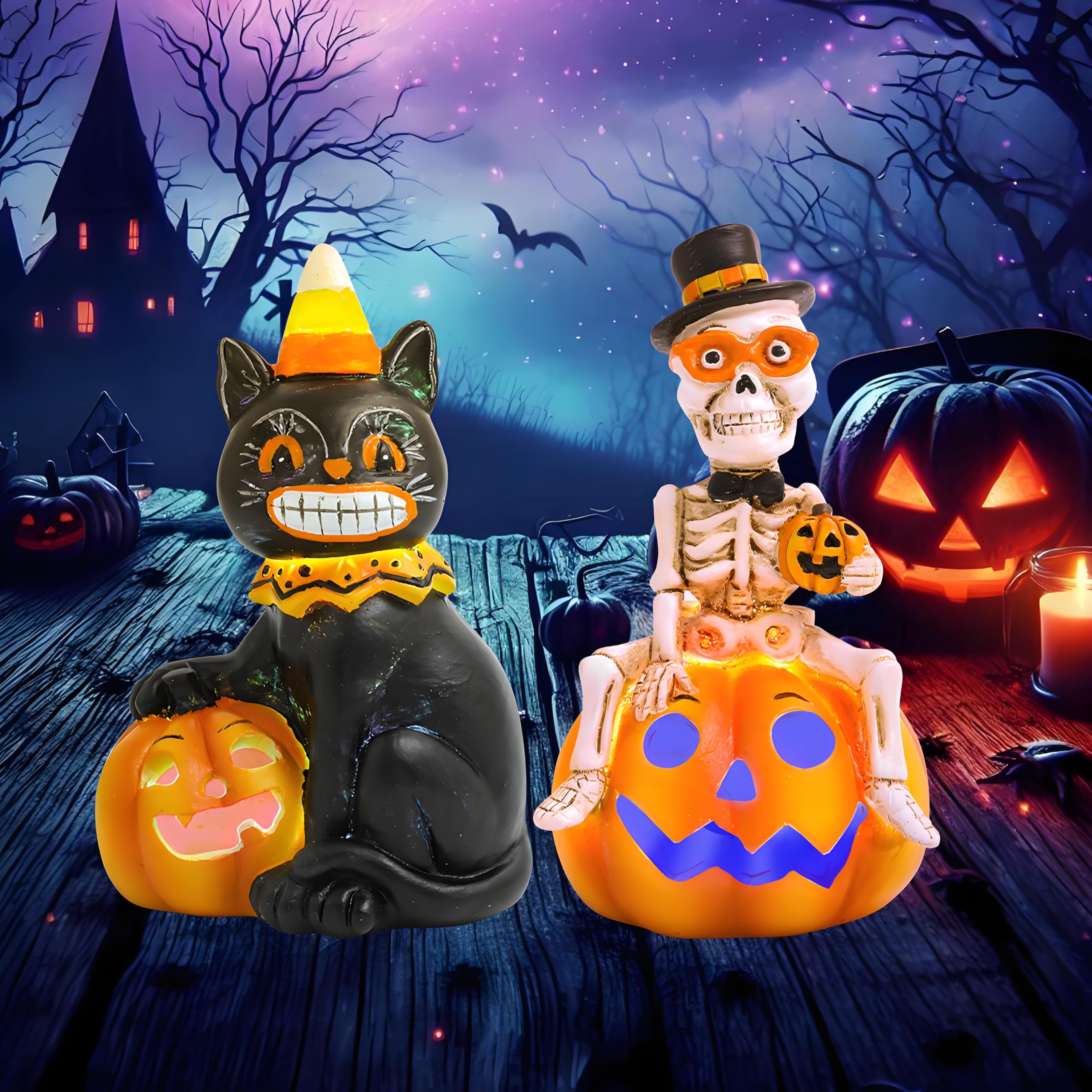 GoGnome Vintage Halloween Decorations Indoor - 2-Pack 4.7'' Resin Skeleton Gentleman & Black Cat Figurine with Flickering Pumpkin Lights - Halloween Table Decor Ornaments Gifts (Jack-O’-Lantern)