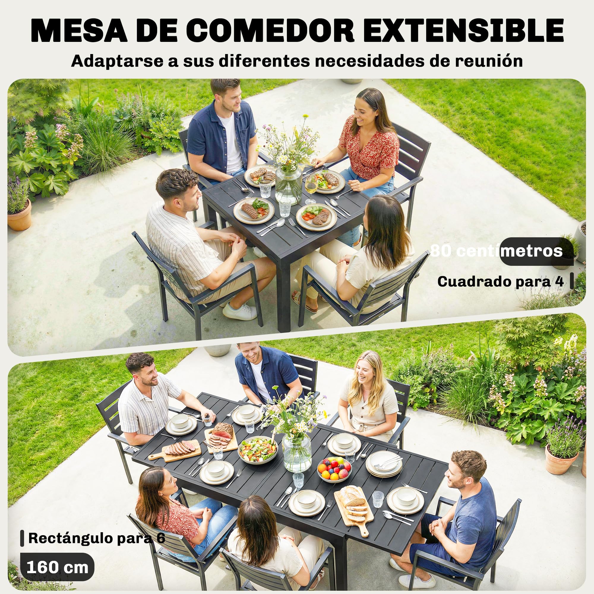 Outsunny Mesa de Jardín Extensible, Mesa de Comedor Exterior Extensible 80/160x80 cm, de Aluminio, con Superficie de Lamas, Carga 70 kg, Mesita Rectangular para 4-6 Personas, para Patio Terraza, Negro