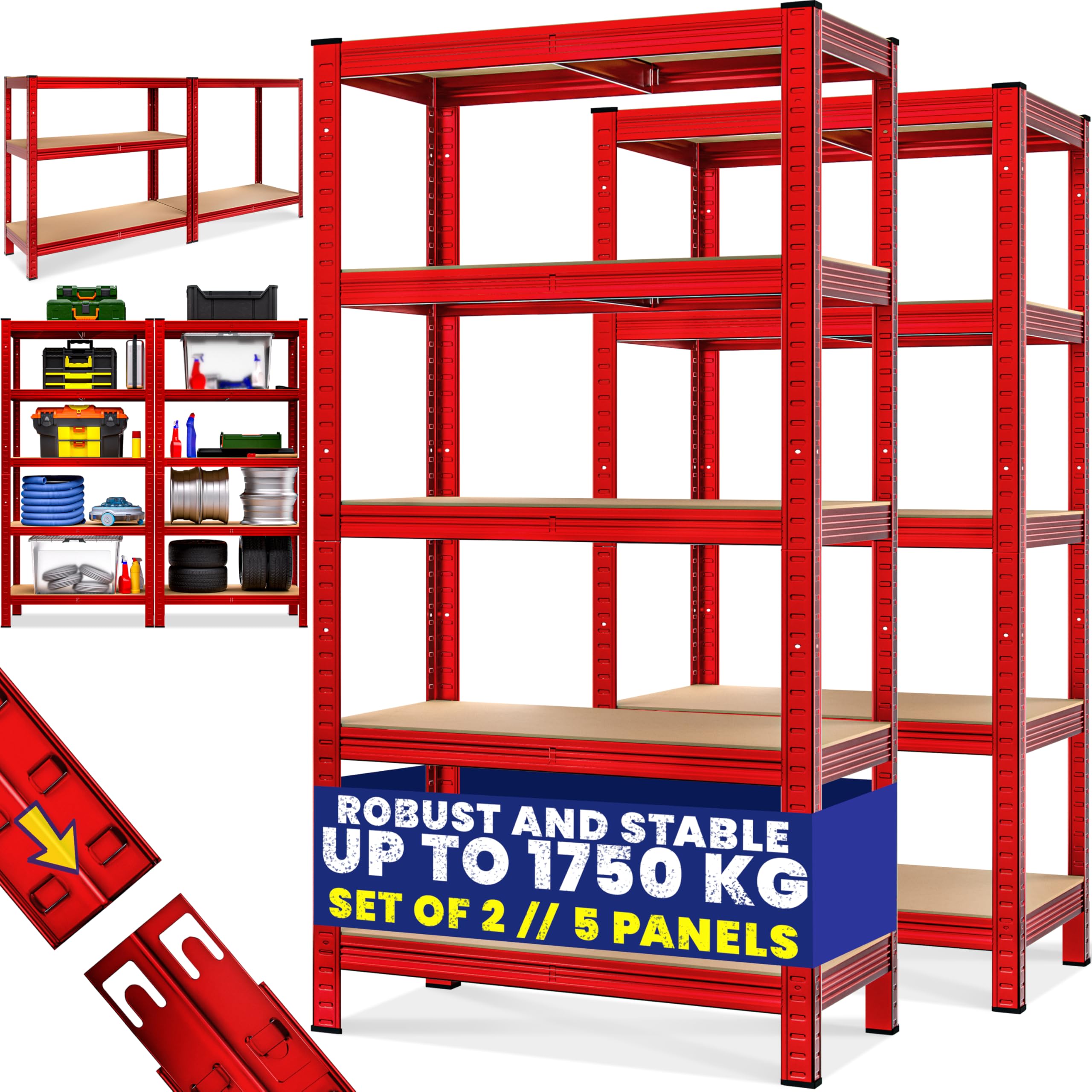 Monzana® 2x 5 Tier Heavy Duty Garage Shelving Unit 180x90x40cm Shed Racking Galvanised Steel Metal Shelving Units Storage Shelves Warehouse Shed Rack Workshop bench Shelf Unit Garage Storage Red — image 1