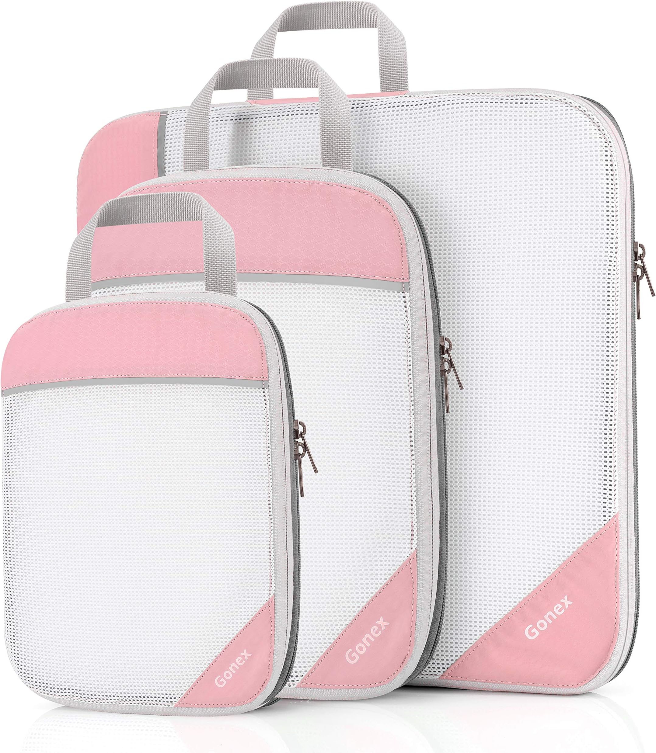Gonex Compression Packing Cubes, Extensible Mesh Bags Organizers L+M+S Pink